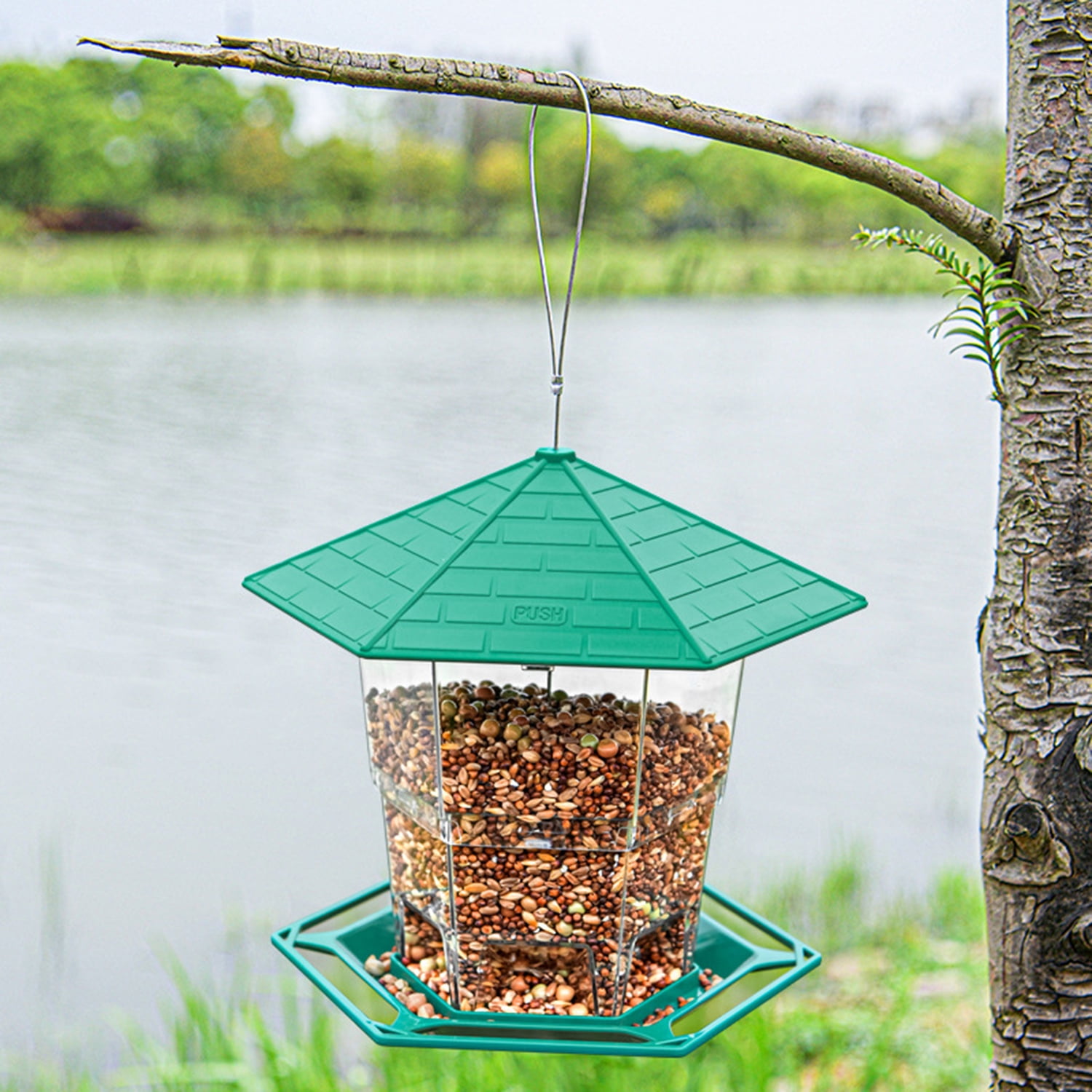PHANCIR Wild Bird Feeder for Outdoor Hanging, Expandable Heavy-Duty Seed Dispenser with Latch (Green, 2.2 lb Capacity) yjh8w