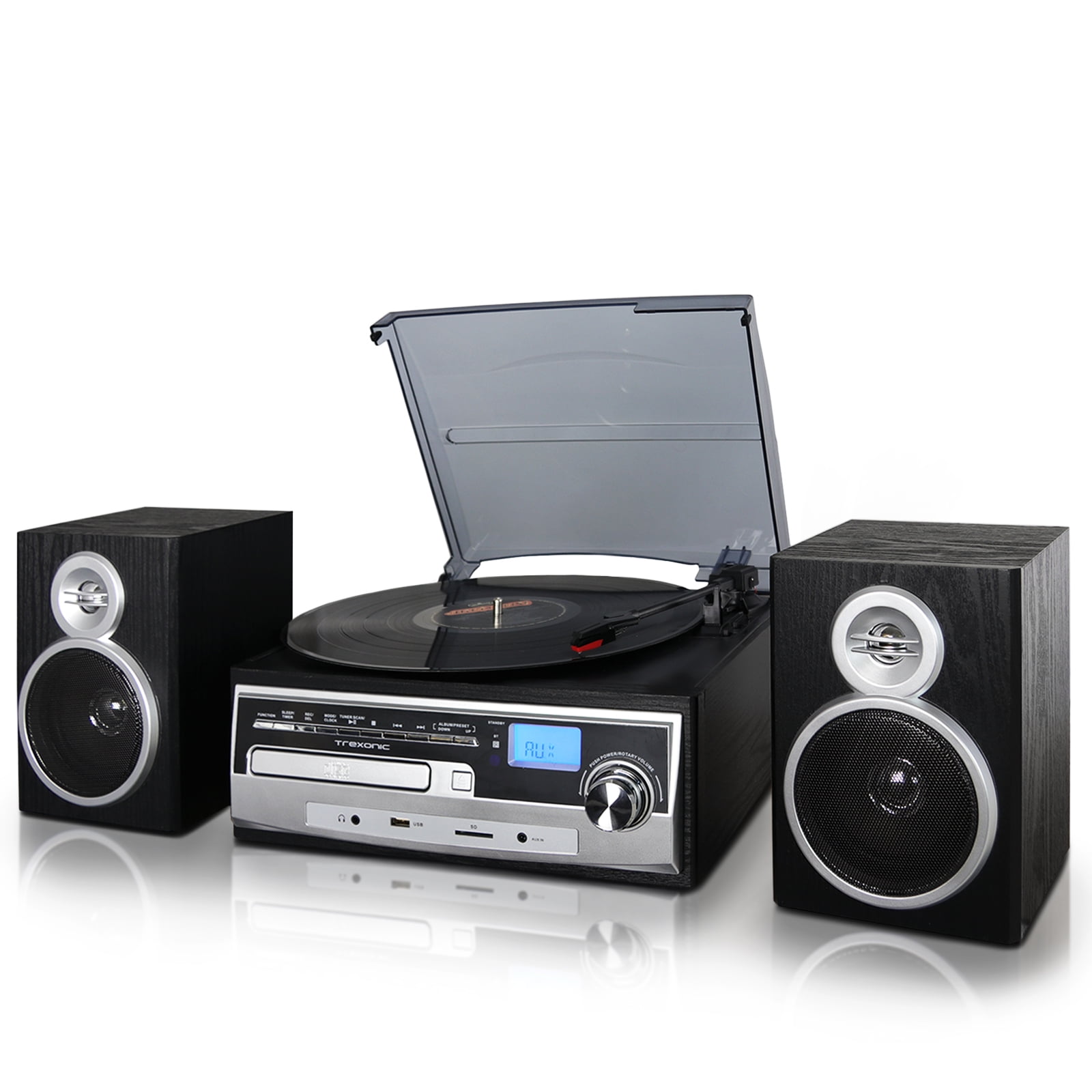 Trexonic 3-Speed Turntable with CD Player, FM Radio, Bluetooth, and Wired Shelf Speakers (Black, 1 Unit) dyqdq