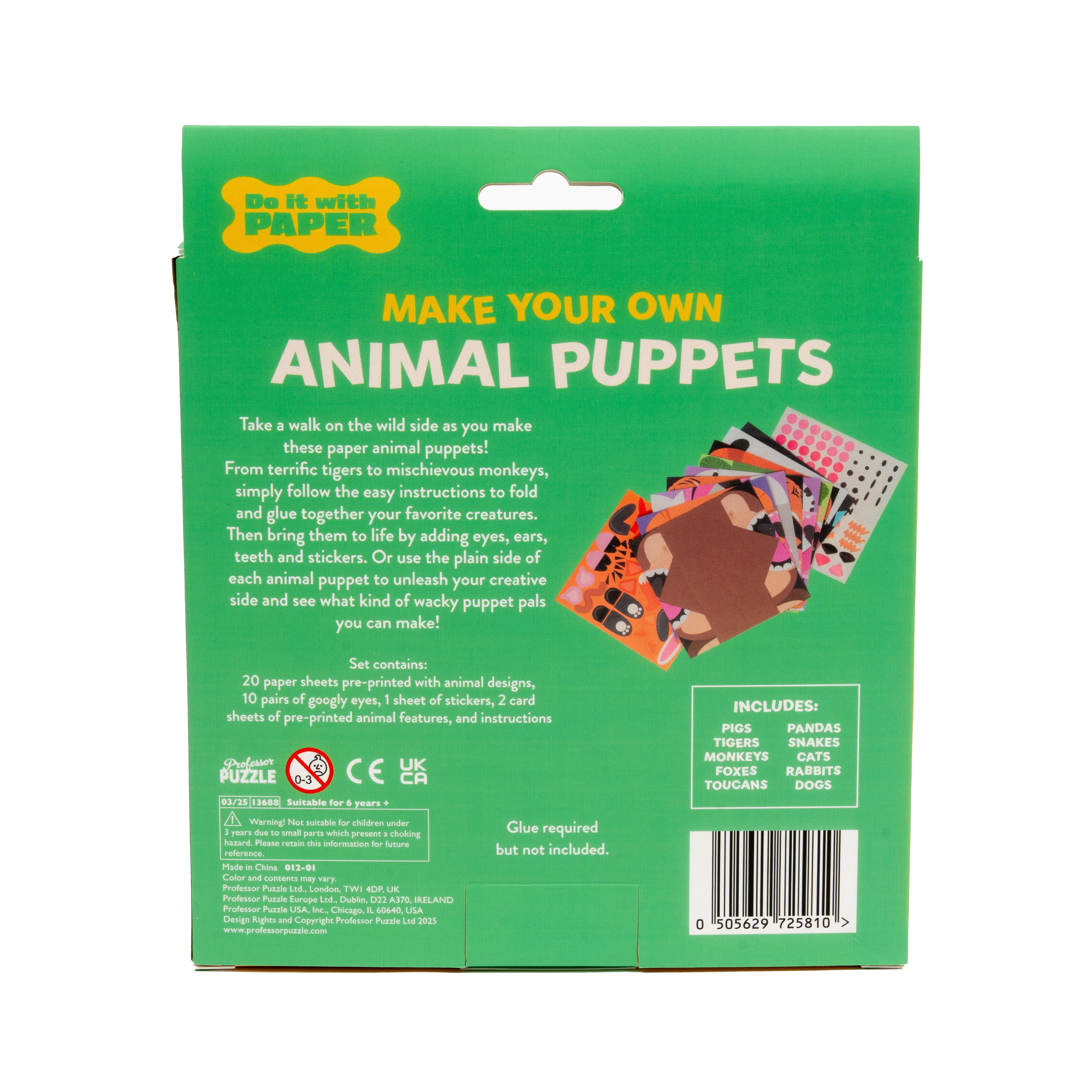 Professor Puzzle Make Your Own Animal Hand Puppets DIY Craft Activity Set (10 Pack) 2wsed