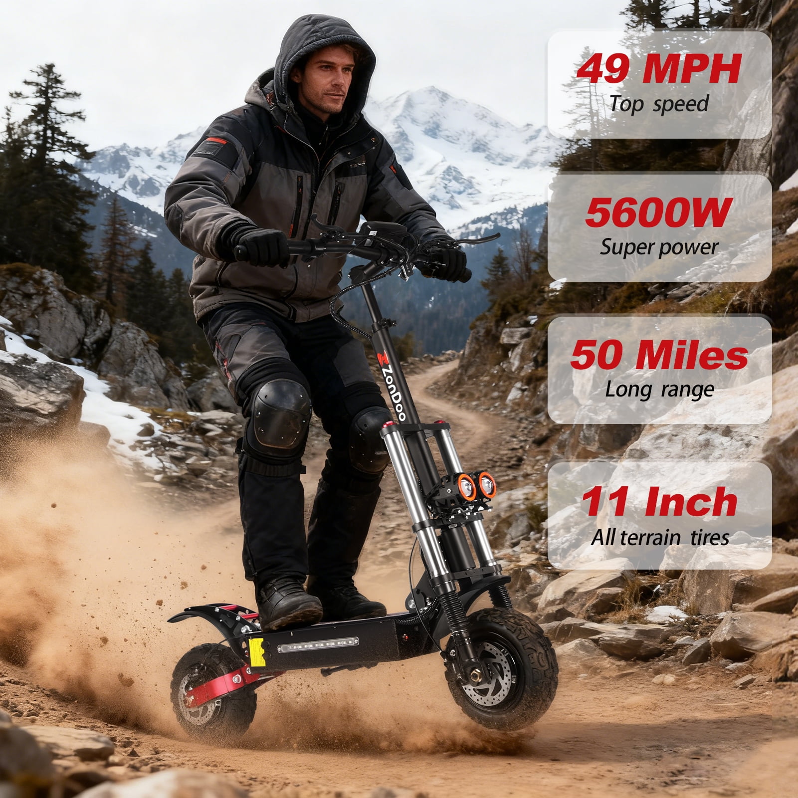 ZonDoo All Terrain Electric Scooter with Seat, Dual Motor High-Speed Commuter (Black, 50 in x 24 in x 55 in) pu39k