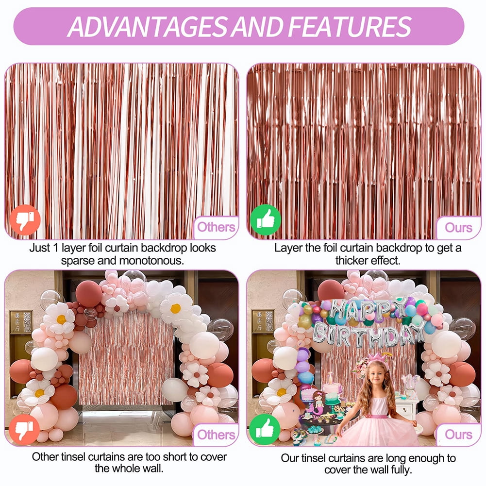 Mawzewo Foil Fringe Curtains Tinsel Backdrop for Party Decorations (Rose Gold, 3.3 ft x 8.3 ft, 3 Pack) wieia