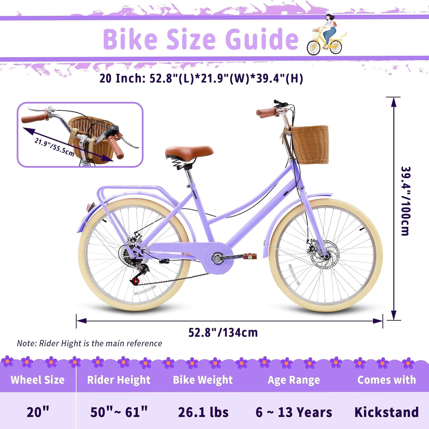 Akaber Kids Retro Cruiser Bike, 7-Speed Girls Bicycle with Rattan Basket and Dual Disc Brakes (20 in) 7glbr