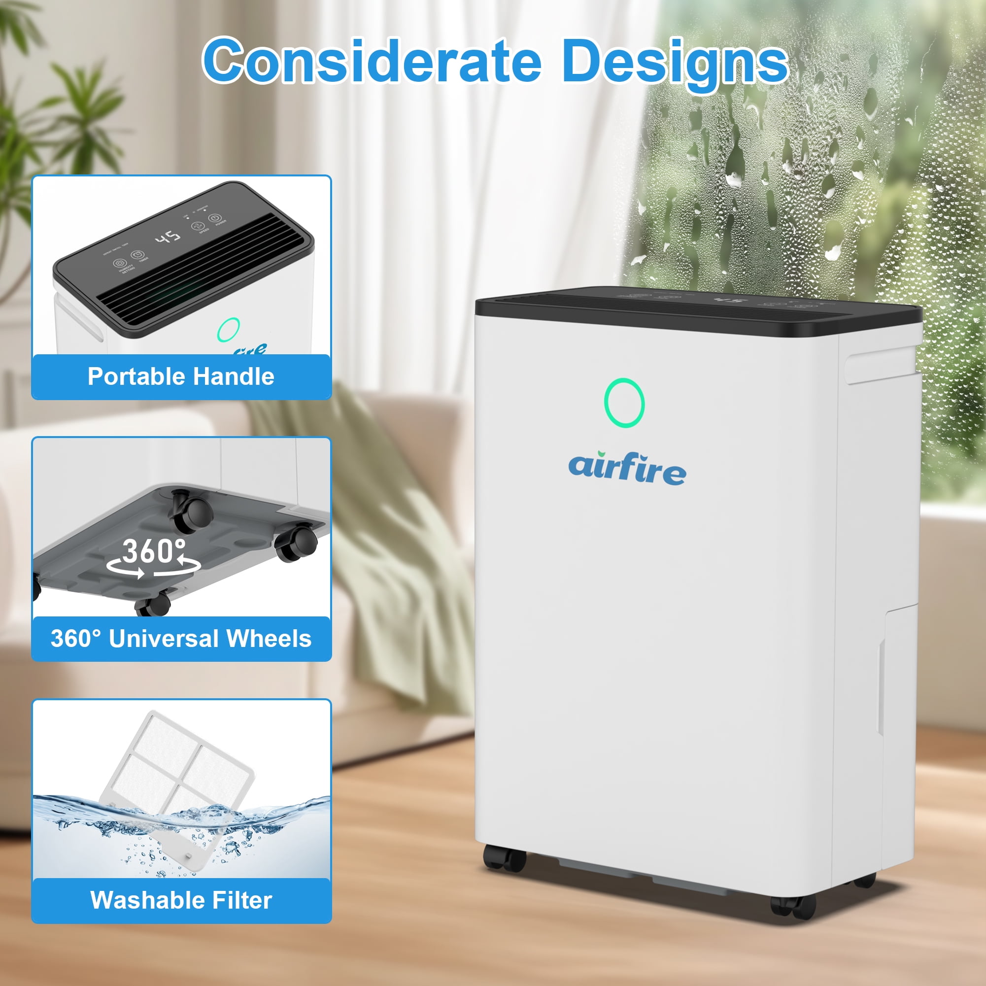 AIRFIRE Dehumidifier for Home and Basement, Efficient Moisture Removal with Drain Hose and Humidity Sensor (19 Pint, 0.66 gal) 93ye1