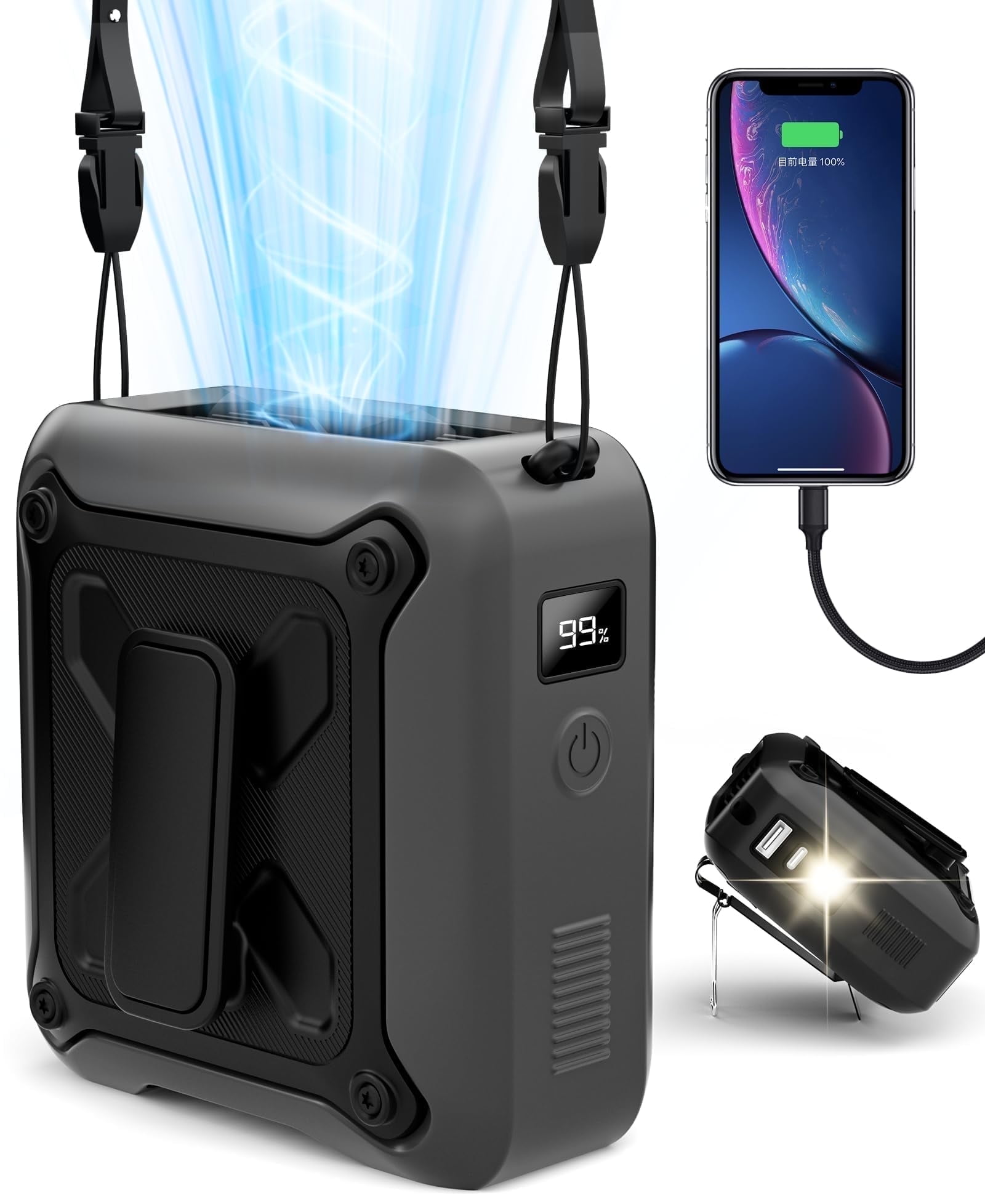 FrSara Portable Waist Fan Clip-on Personal Cooling Fan with LED Display and Flashlight (Black, 8000mAh) t5dwg