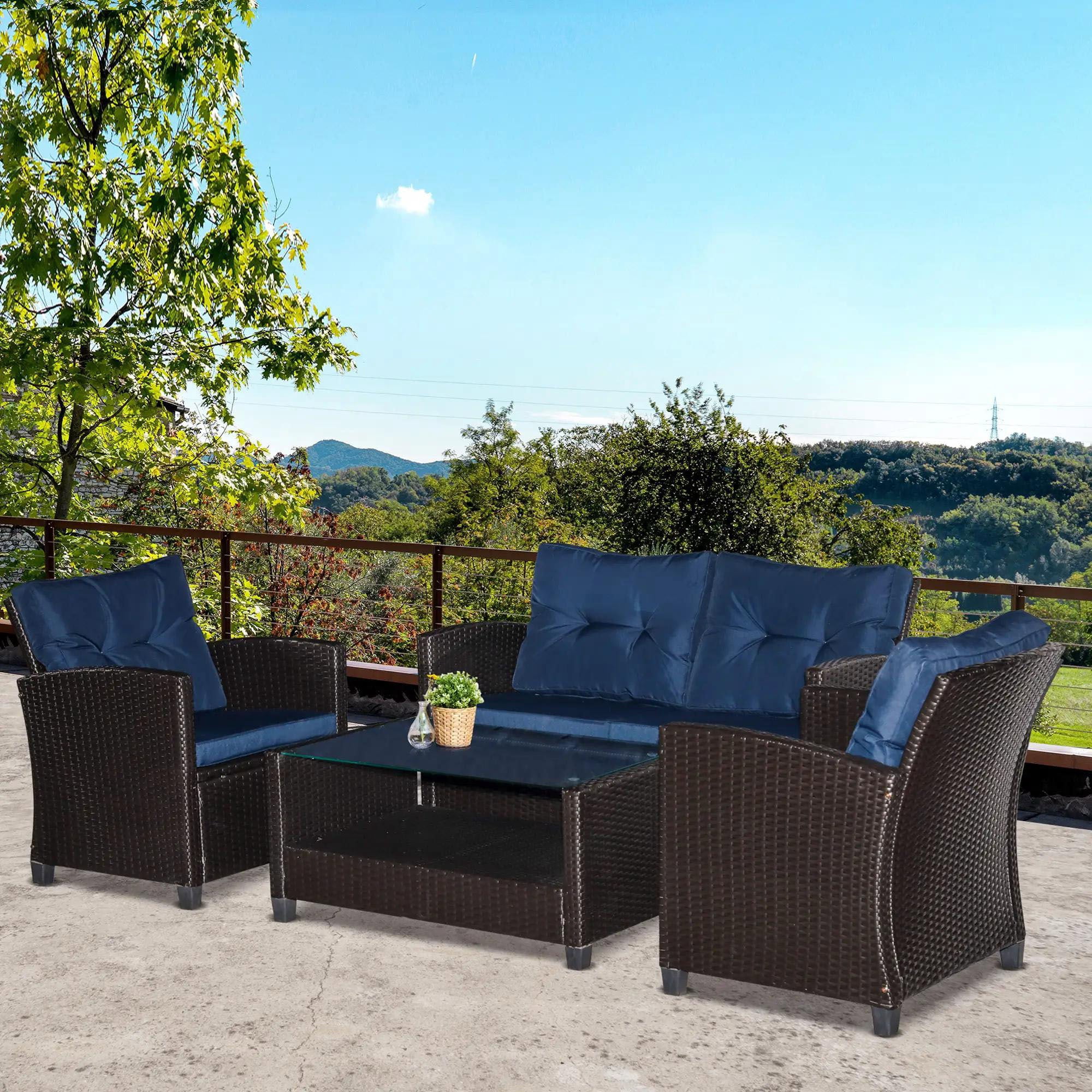 Resenkos 4-Piece Patio Furniture Set, Outdoor Sectional Sofa with Cushions (Blue, 4-Piece) rqcy2