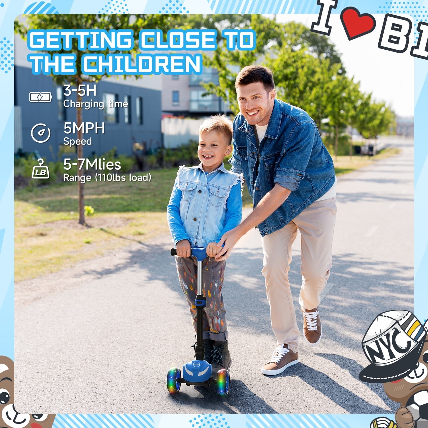 Rolldustry Electric Scooter for Kids, Foldable 3-Wheel Ride-On with LED Lights and Adjustable Handlebar (Blue, 110 lb Capacity) ye9w7