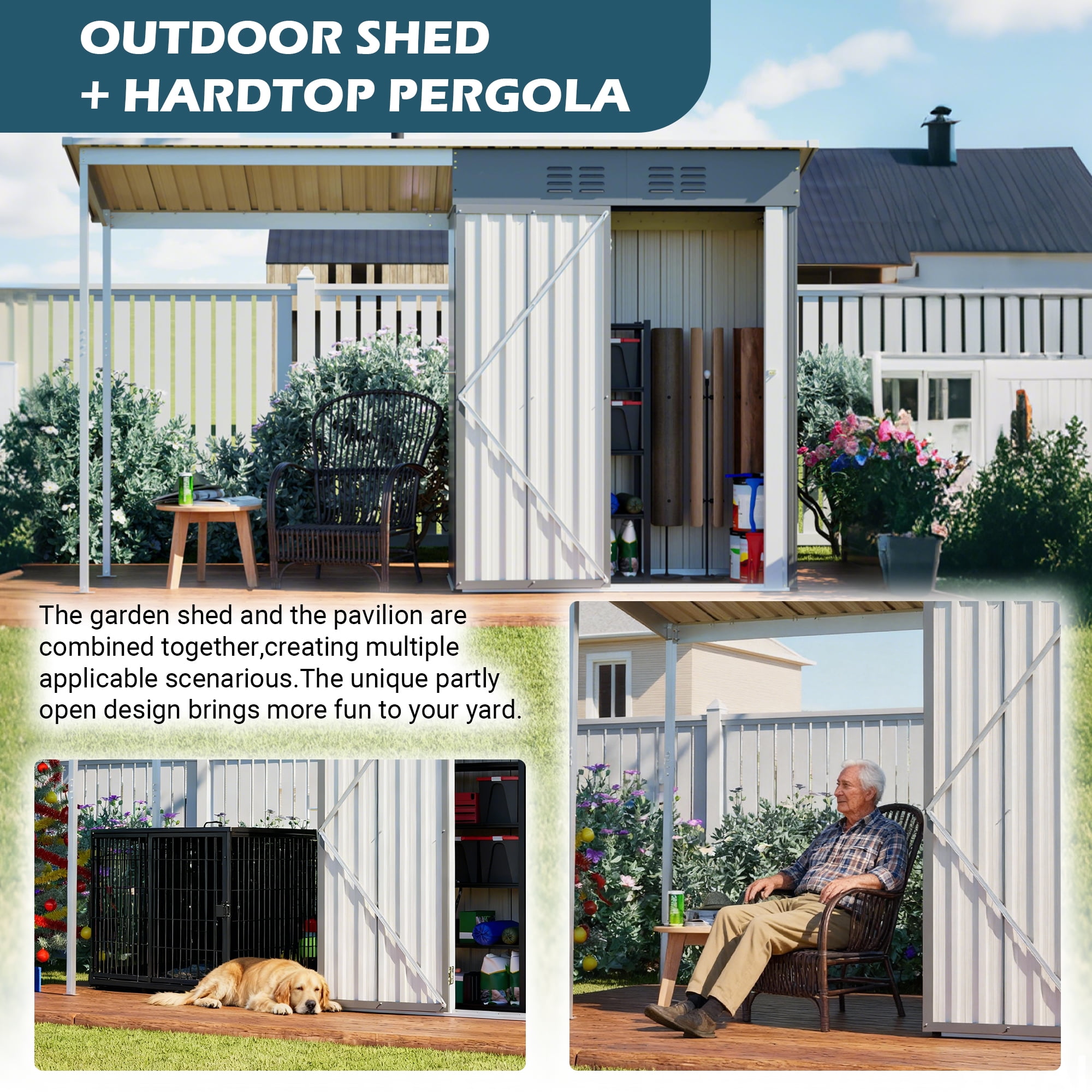 LZBEITEM Outdoor Storage Shed with Attached Hardtop Pergola, Weather-Resistant Metal Tool Shed (Grey, 5 ft x 3 ft) 9edkc