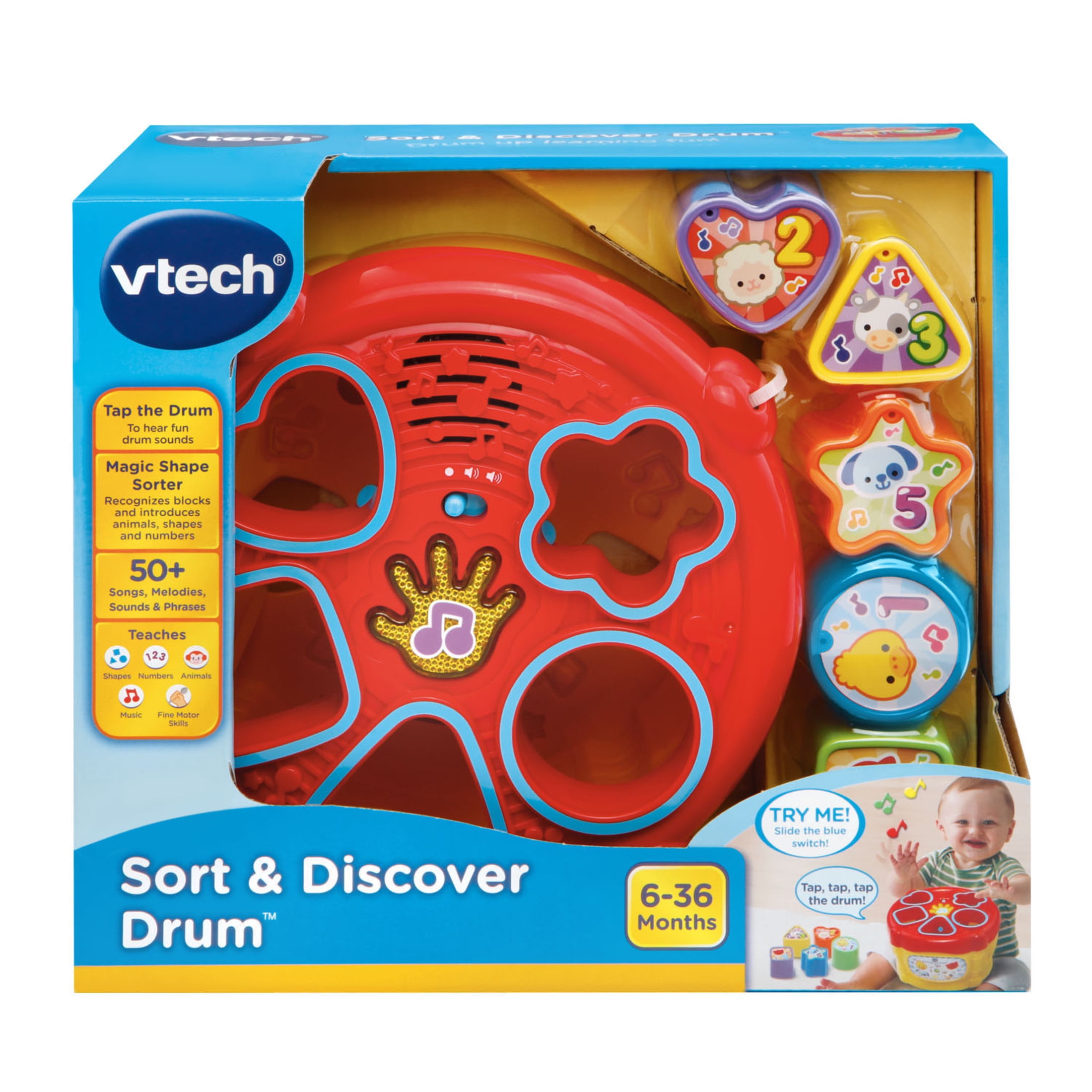 VTech Sort & Discover Drum Interactive Learning Toy with Shape Sorter (6-36 Months) 2xjxa