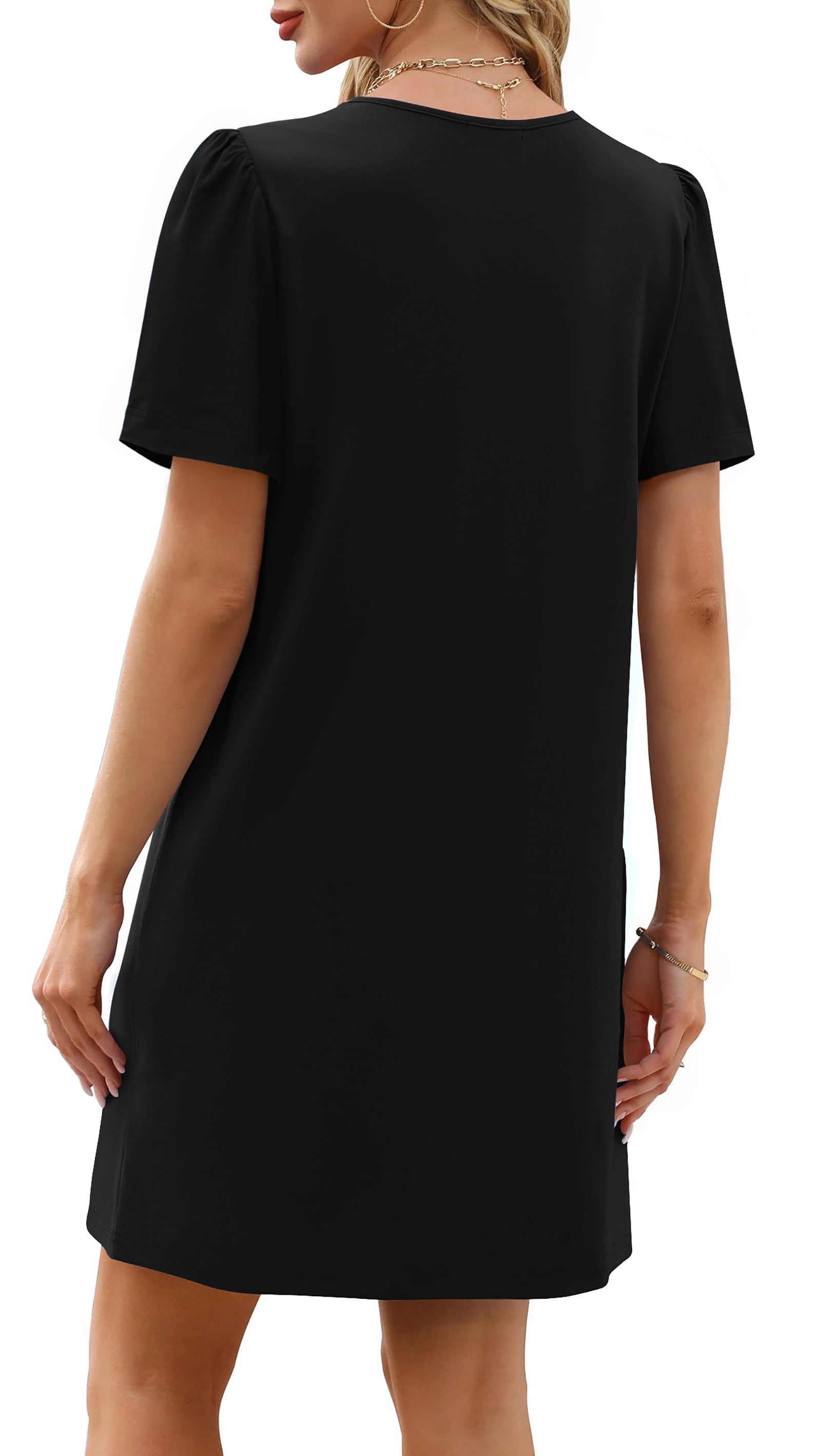 Fantaslook Women's Summer Casual Shift Dress V Neck Short Sleeve with Pockets (Black, L) 1co4m