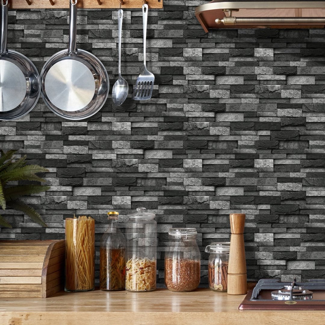FUDAKUNA Self-Adhesive Wall Tile Stickers, Waterproof Peel and Stick Backsplash for Kitchen and Bathroom (Black Gray Stone Brick, 12 Pack, 4.72 in x 9.68 in) bmwbd