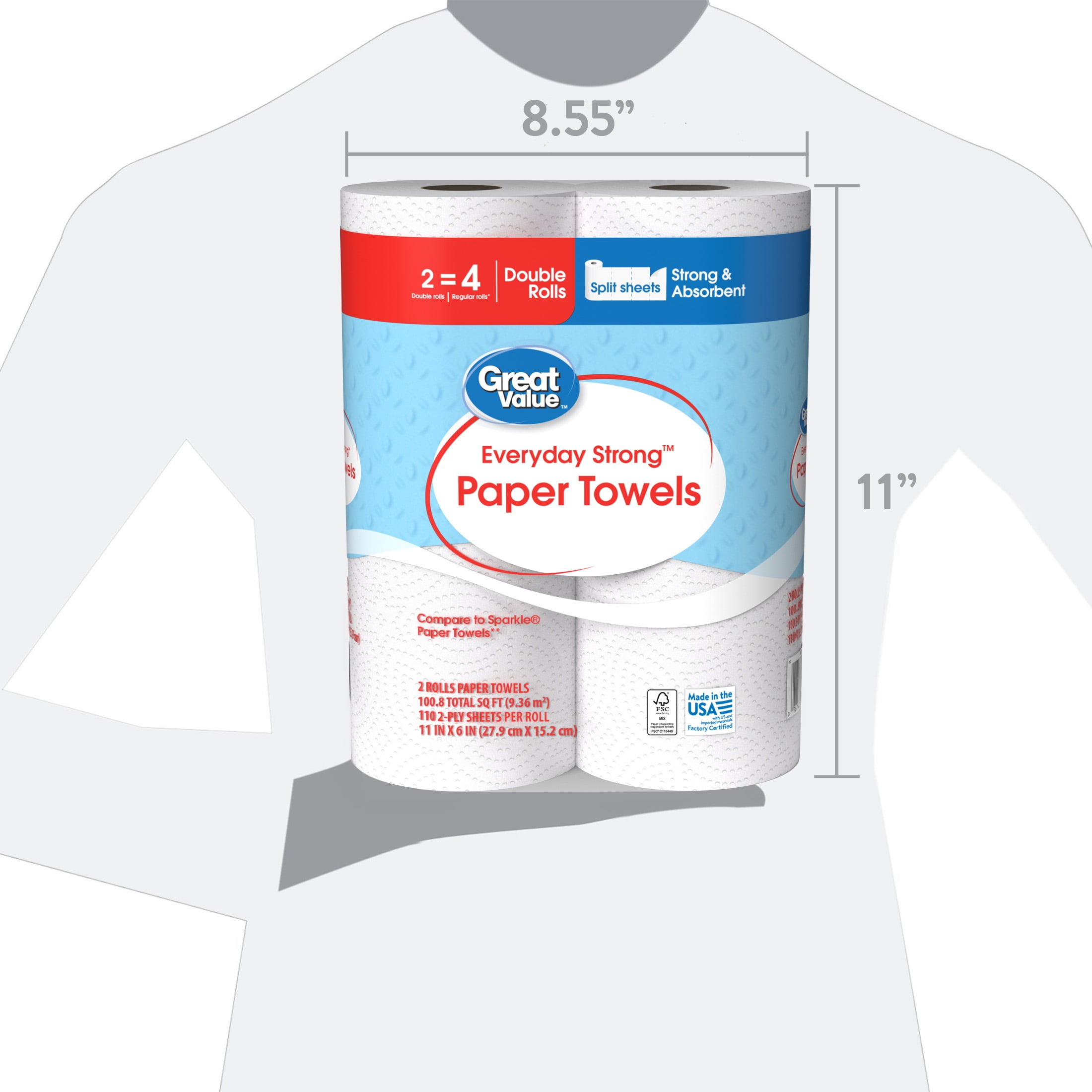 Great Value Everyday Strong Paper Towels, Absorbent Household Cleaning Sheets (2 Double Rolls) qeqig