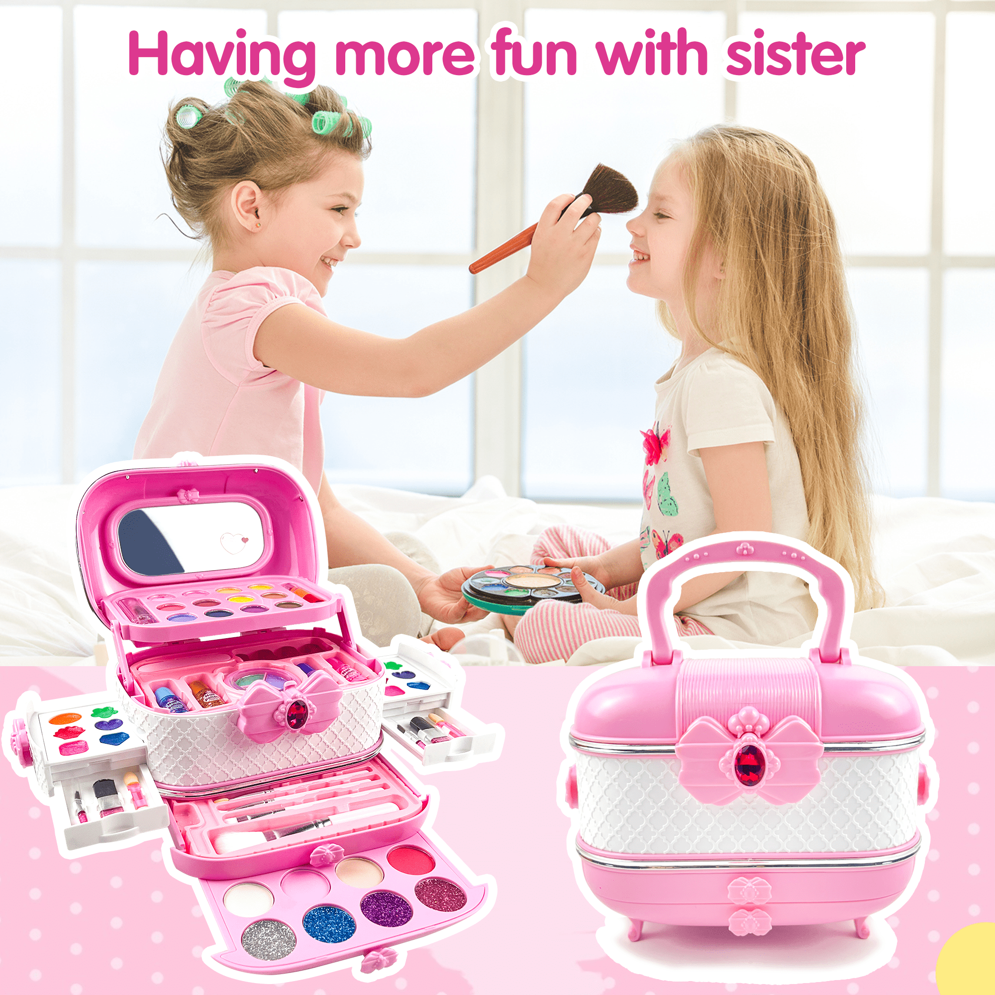 Richgv Kids Makeup Kit, Pretend Play Cosmetic Set for Girls, Washable Beauty Activity Case (Pink, 57 Pcs) vkepg