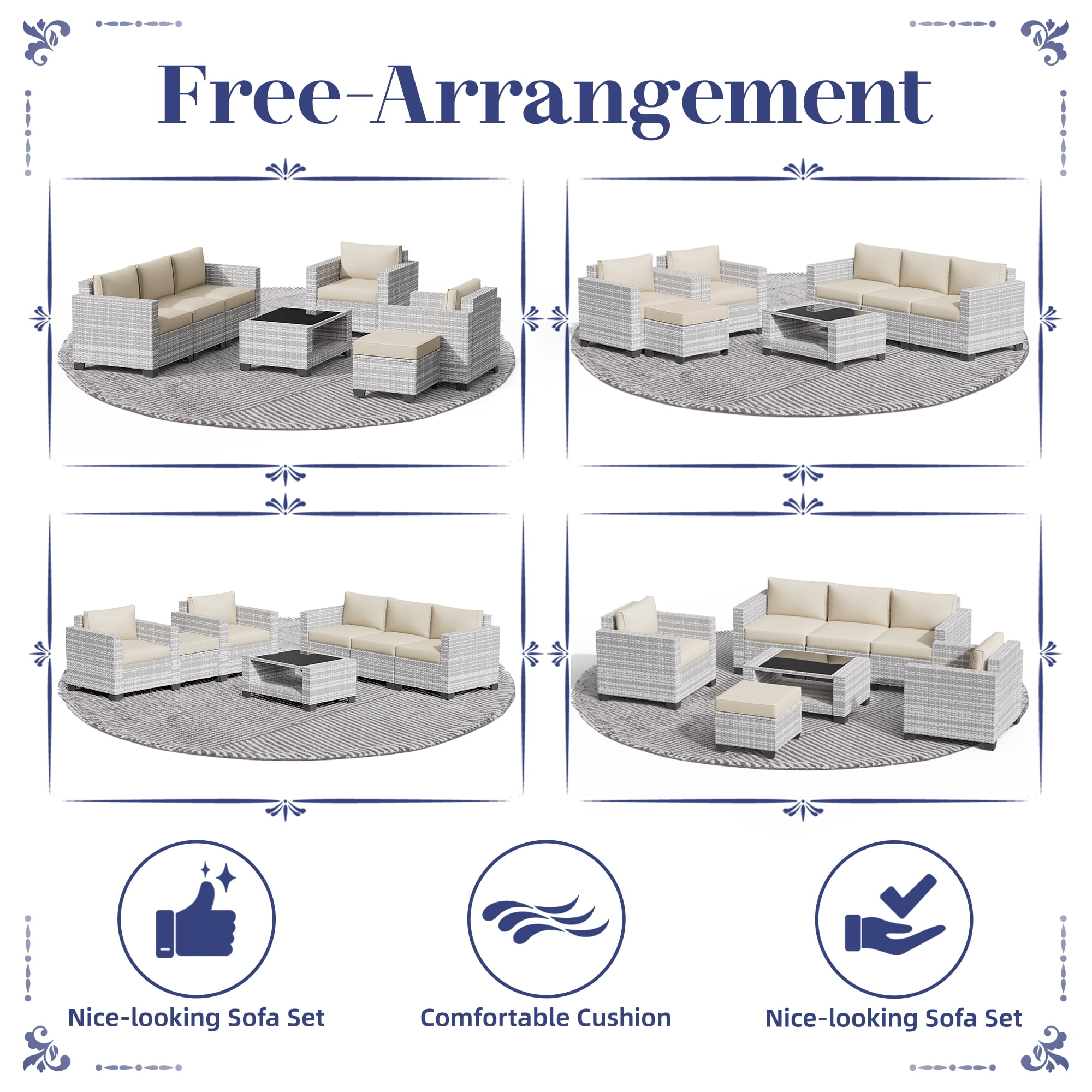 Kigoty 7-Piece Outdoor Patio Furniture Set, Wicker Rattan Sectional Sofa with Coffee Table (Gray-White Rattan, Beige Cushions) n00rz