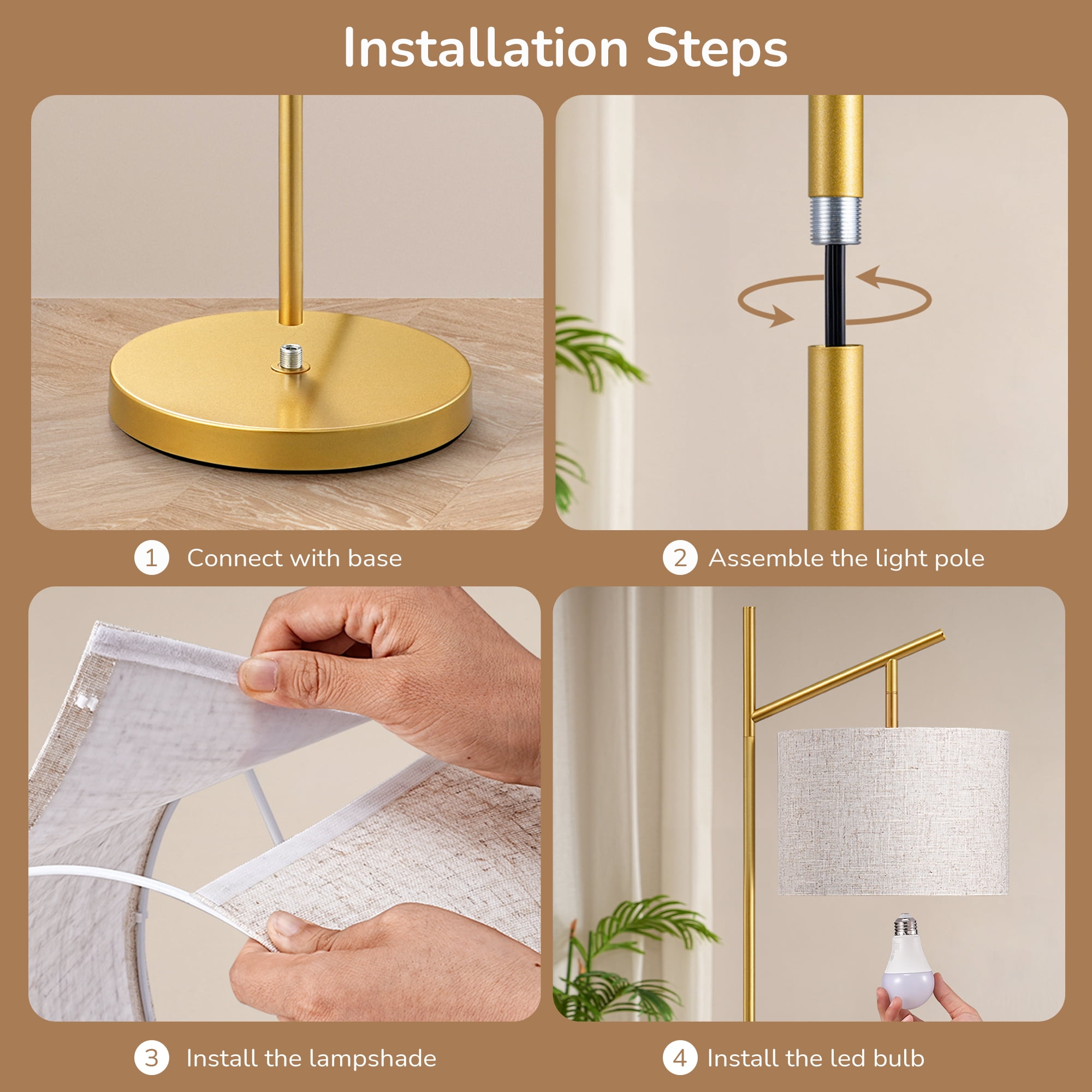 EDISHINE Metal Arc Floor Lamp with Foot Switch and Adjustable Shade (Golden, 64.7 in) npvfp