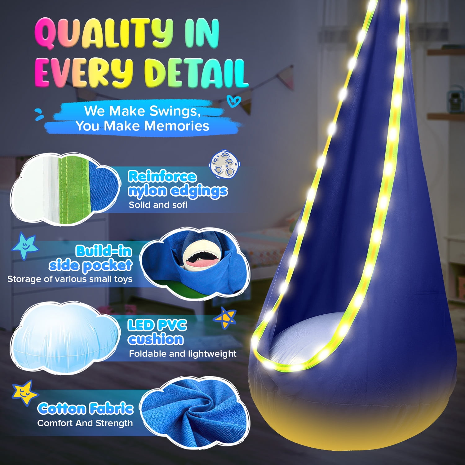 UQN Kids Pod Swing Seat, LED Light Up Hanging Hammock Chair with Inflatable Pillow, Sensory Swing for Indoor and Outdoor Use (176 lb Capacity) svgl9