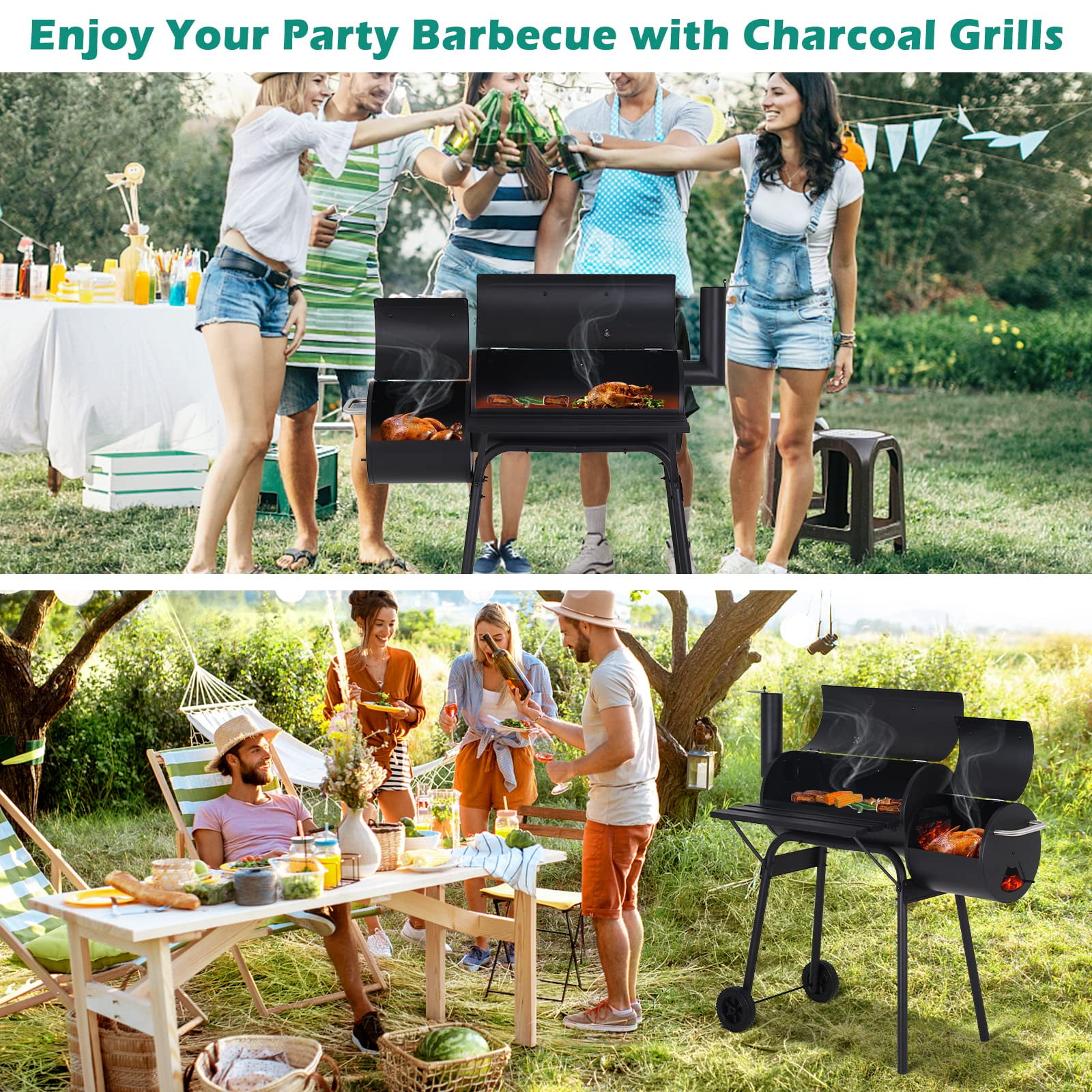 NiamVelo Charcoal Grill Offset Smoker with Cover, Portable Outdoor BBQ Grill for Backyard Camping (Black, 43.3 in x 24 in x 44.5 in) bjag9
