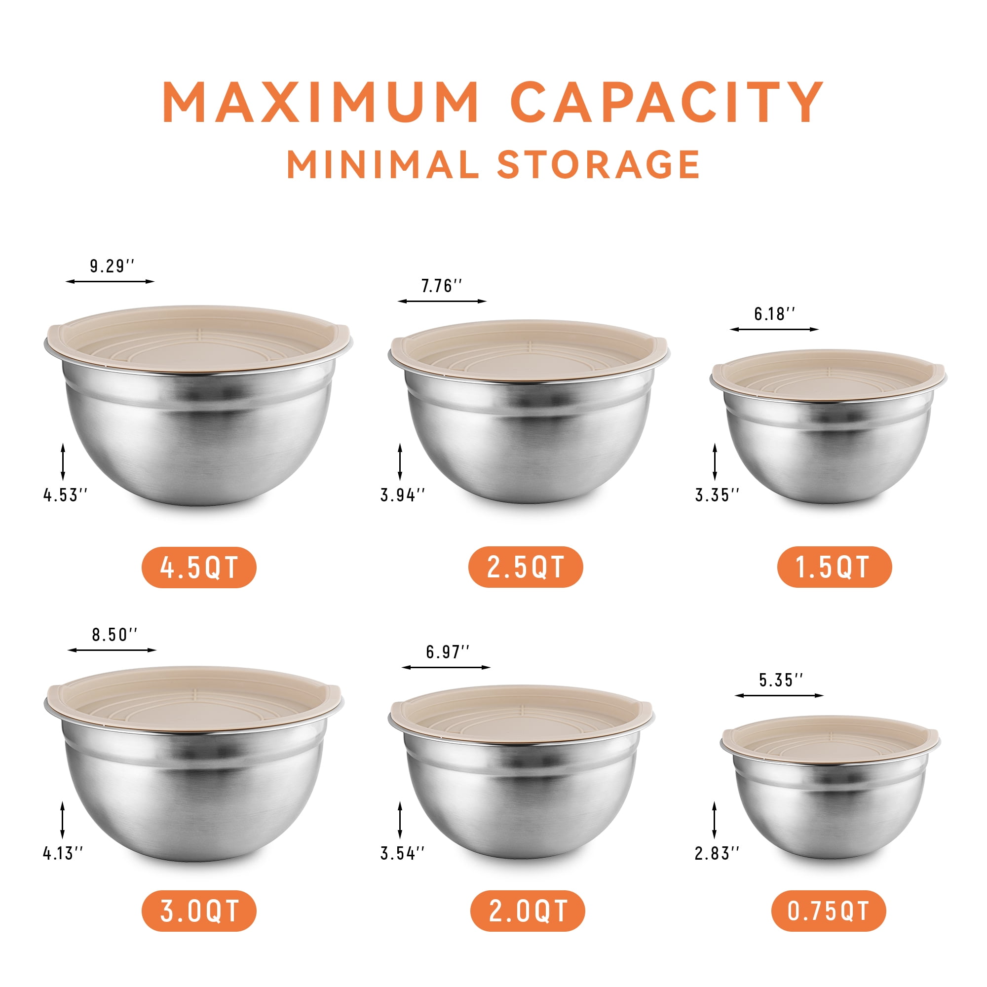 NULAS Stainless Steel Mixing Bowl Set with Airtight Lids, Nesting Kitchen Prep Bowls (Beige, 6-Piece Set) tqpq1