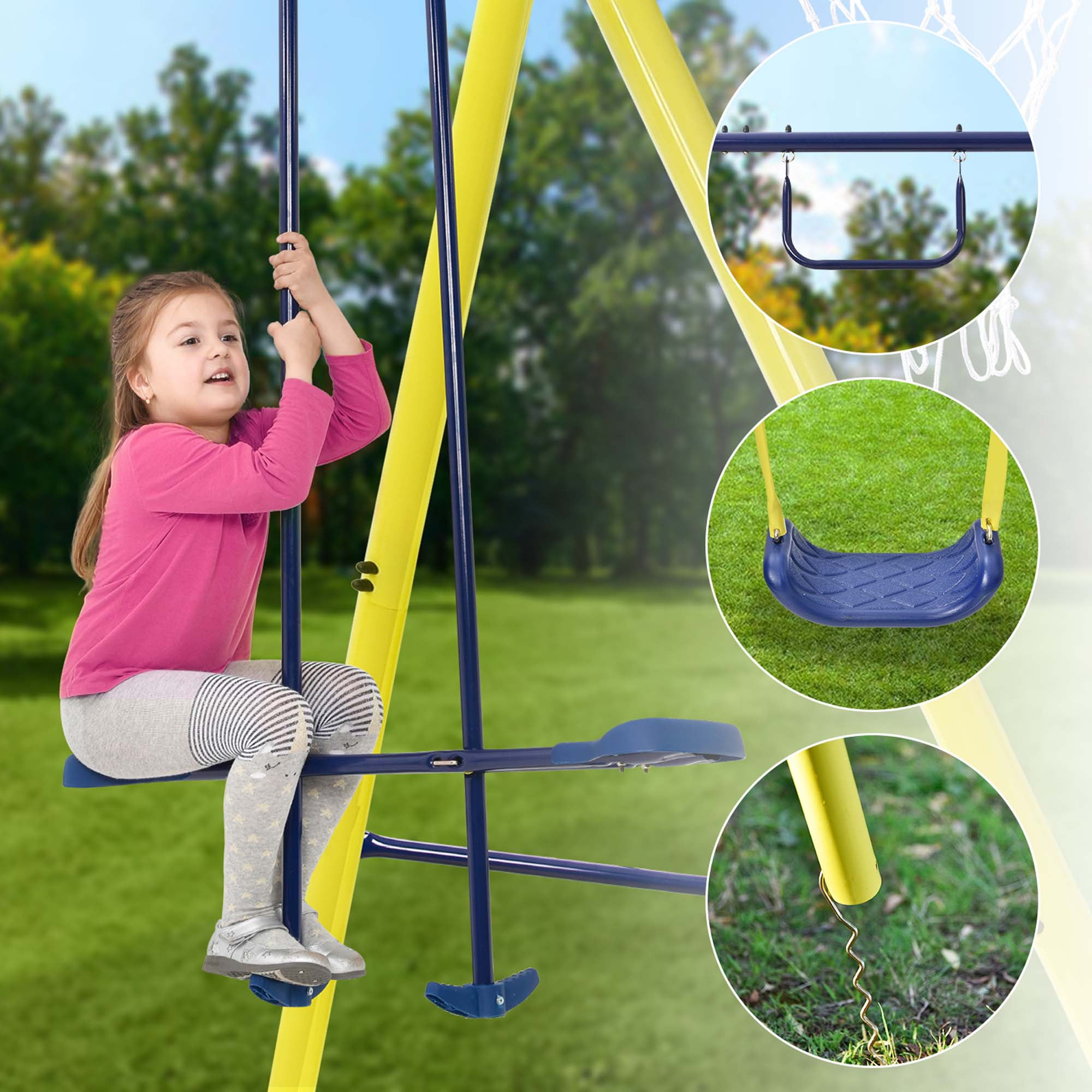 Enyopro 5-in-1 Heavy Duty Backyard Playground Swing Set with Slide, Seesaw, and Basketball Hoop (Yellow) eihpo
