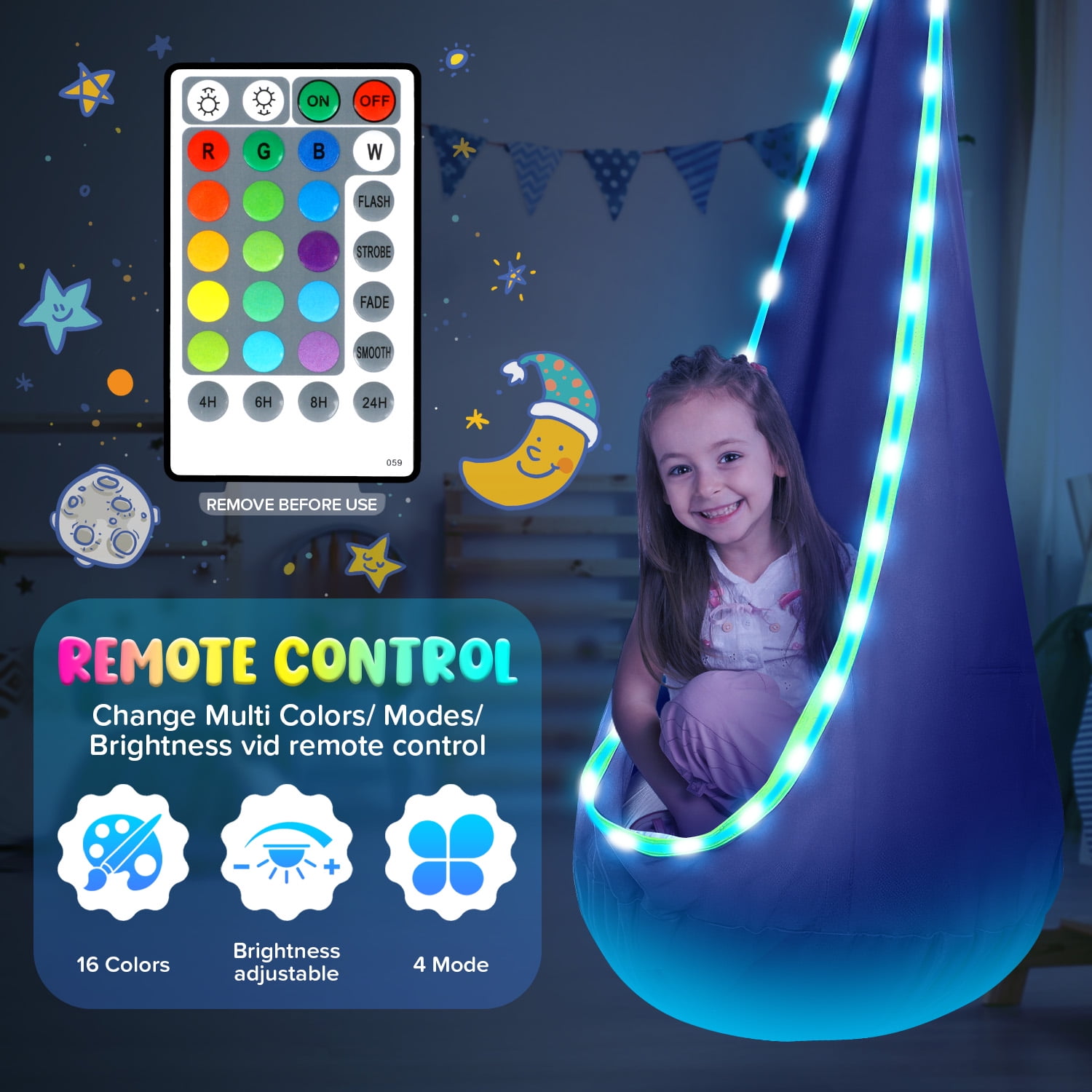 UQN Kids Pod Swing Seat, LED Light Up Hanging Hammock Chair with Inflatable Pillow, Sensory Swing for Indoor and Outdoor Use (176 lb Capacity) svgl9