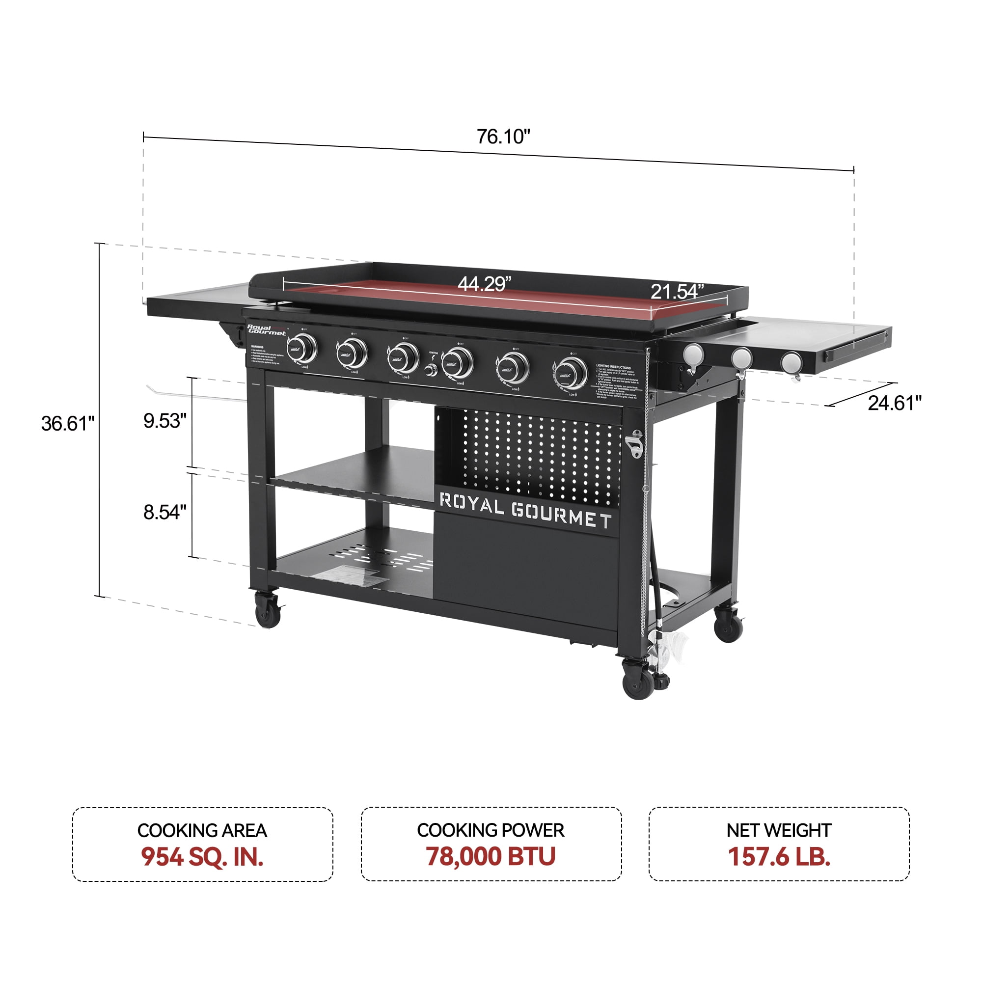 Royal Gourmet 44-inch 6-Burner Flat Top Gas Grill Griddle with Foldable Side Shelves and Spice Rack (Black, 76.1 in x 24.6 in x 36.6 in) 8hhxq