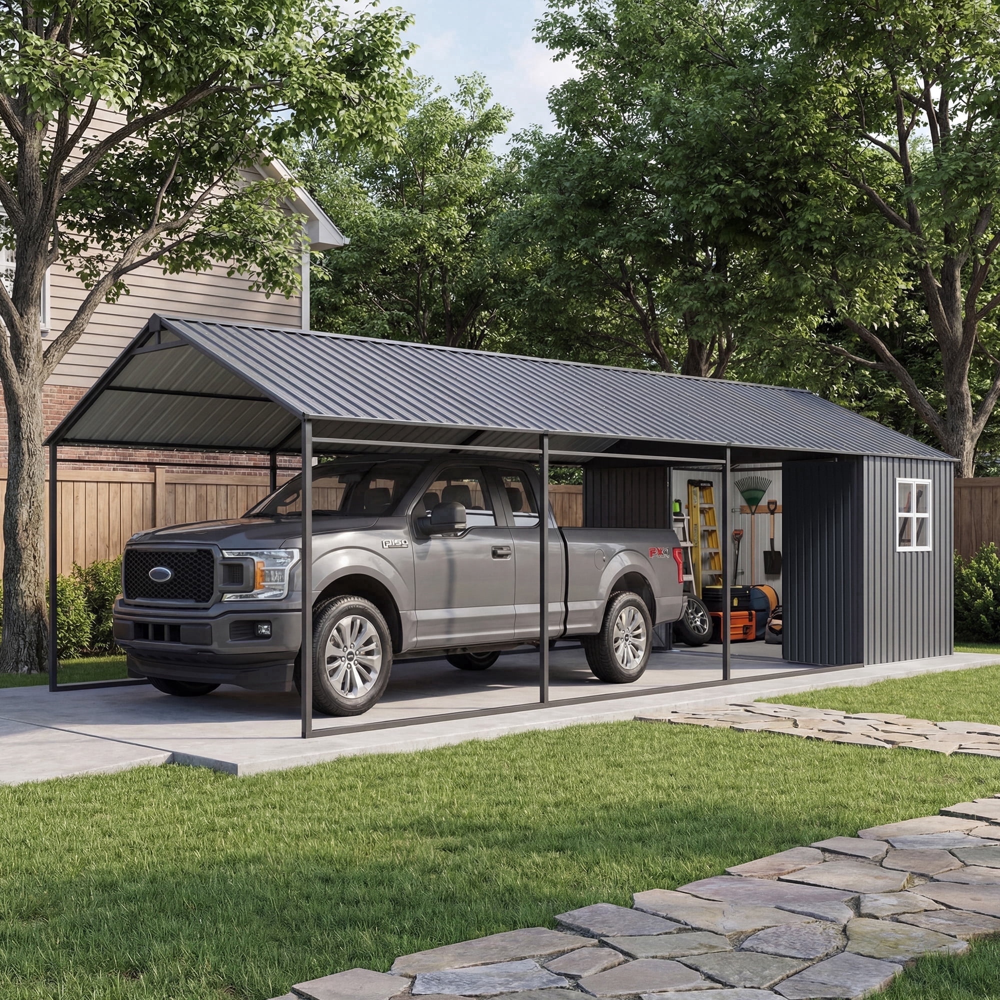 FOROUTIA Heavy-Duty Metal Carport with Integrated Storage Shed, All-Weather Outdoor Garage Shelter for Vehicles and Equipment (Dark Gray, 12 ft x 25 ft) zr1rq