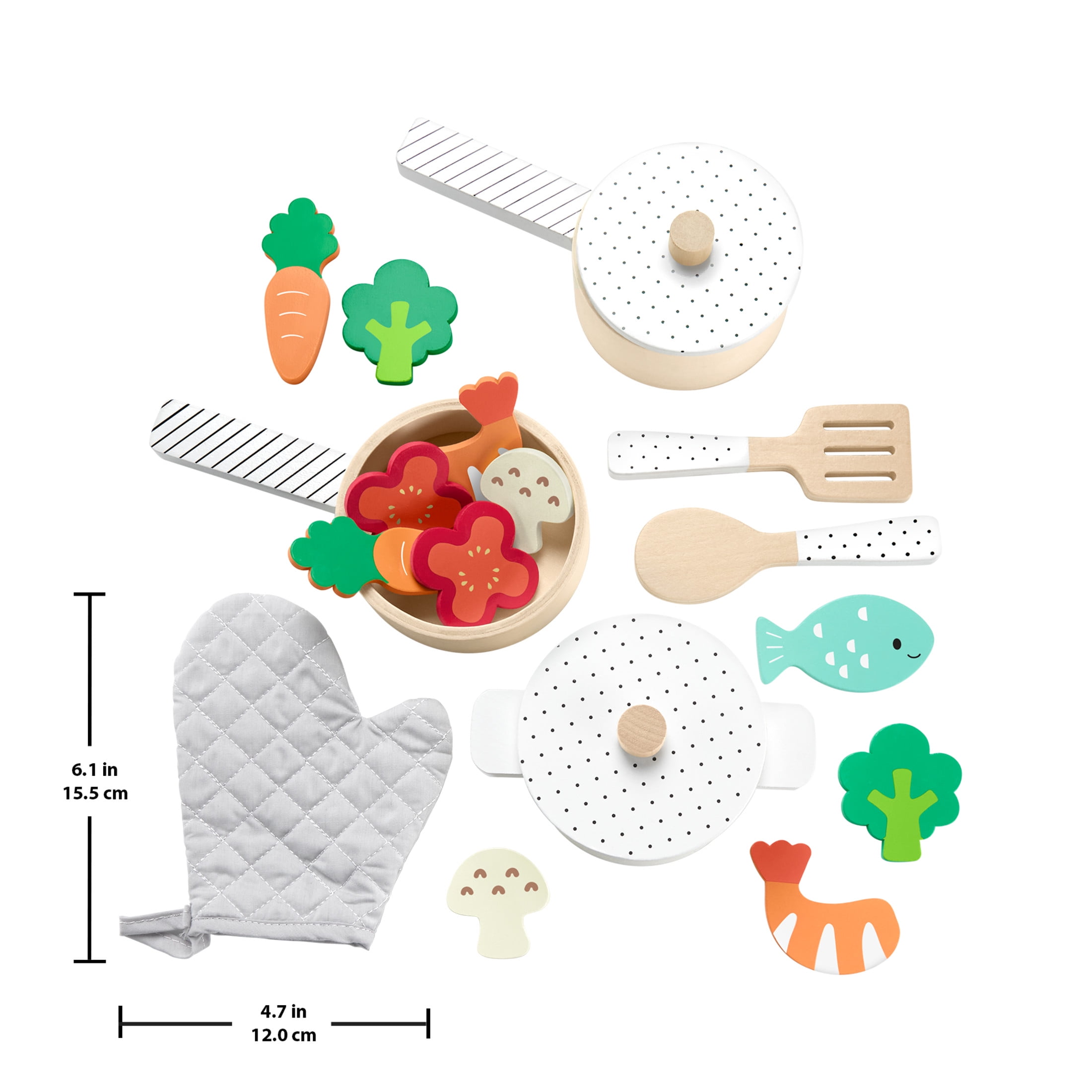 Fisher-Price Wooden Kitchen Pots and Pans Set for Pretend Play (19 Pieces) cm211