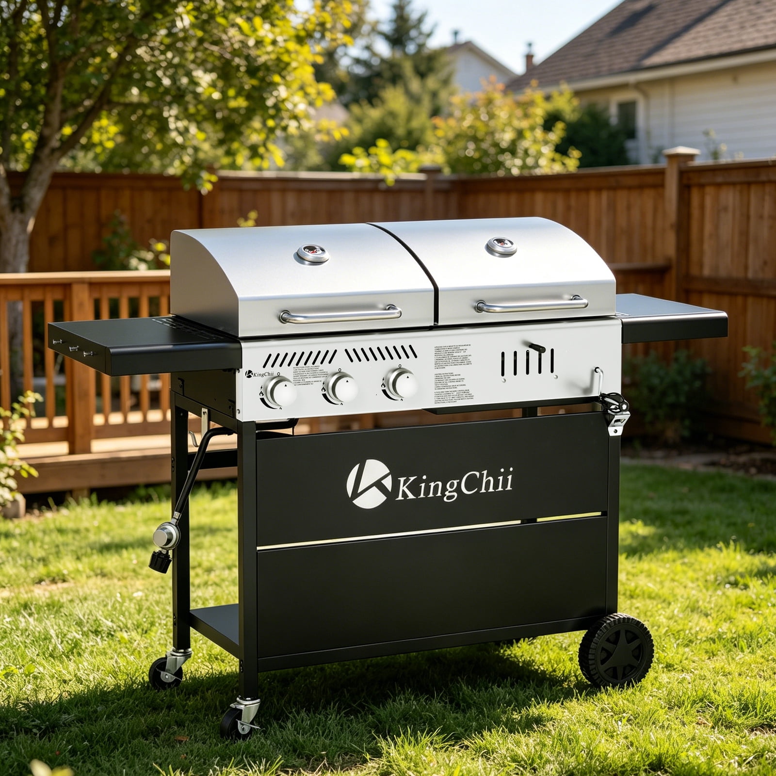KingChii Gas and Charcoal Grill Combo, Dual Fuel 3-Burner BBQ Smoker with Side Burner (Black and Silver, 61 in L x 38.6 in H x 22.4 in W) 9qf5s