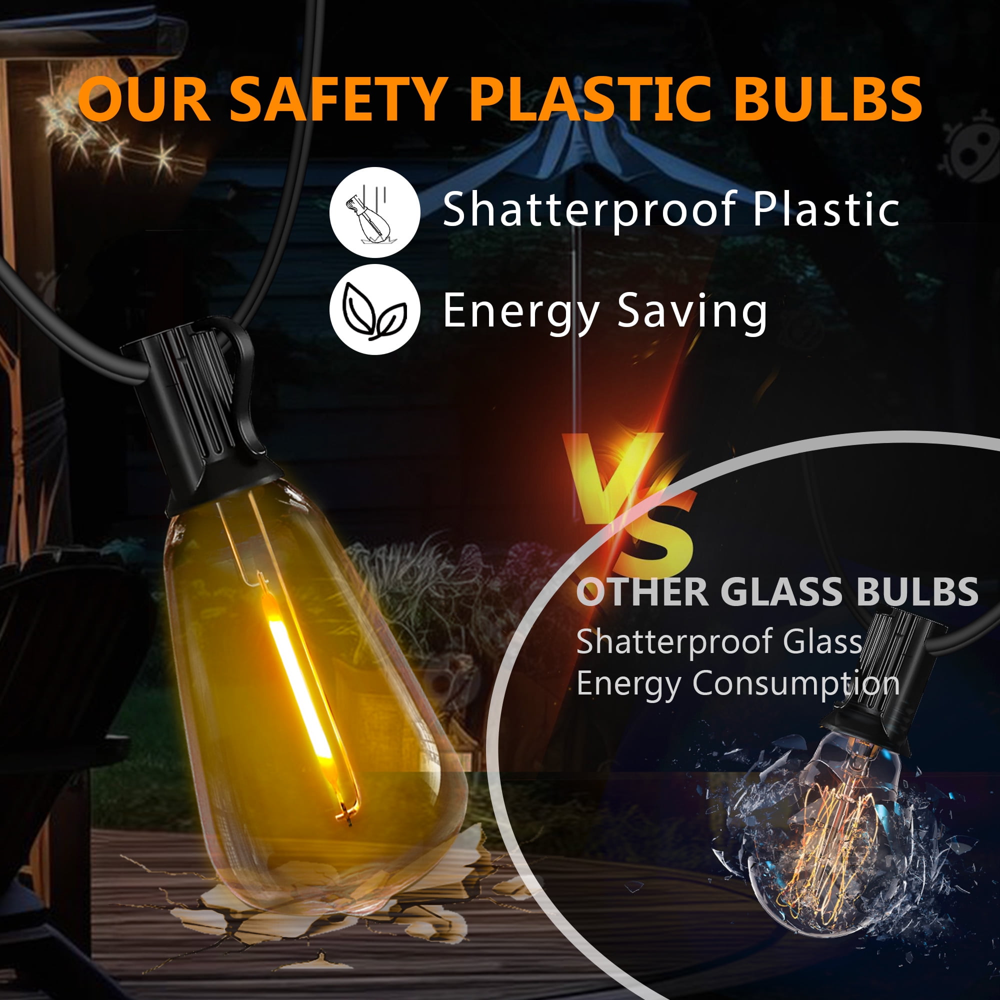 DAYBETTER Solar String Lights Outdoor, Waterproof LED Hanging Lights with 24 Shatterproof Bulbs, Dimmable (Warm White, 100 ft) 6tzjz