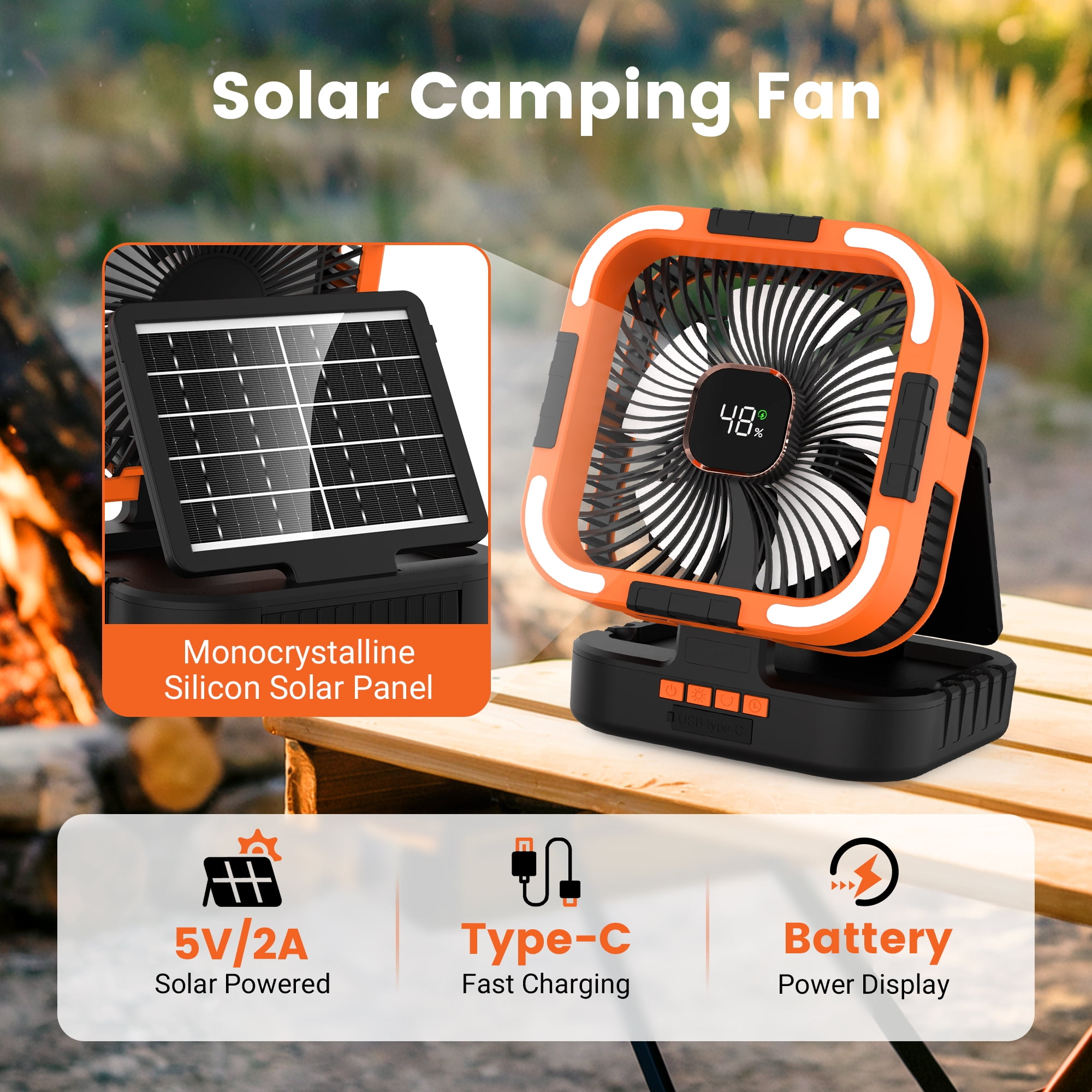 RUNACC Solar Camping Fan with LED Light, 10000mAh Rechargeable Portable Oscillating Fan (Orange, 10000mAh) 70k1h