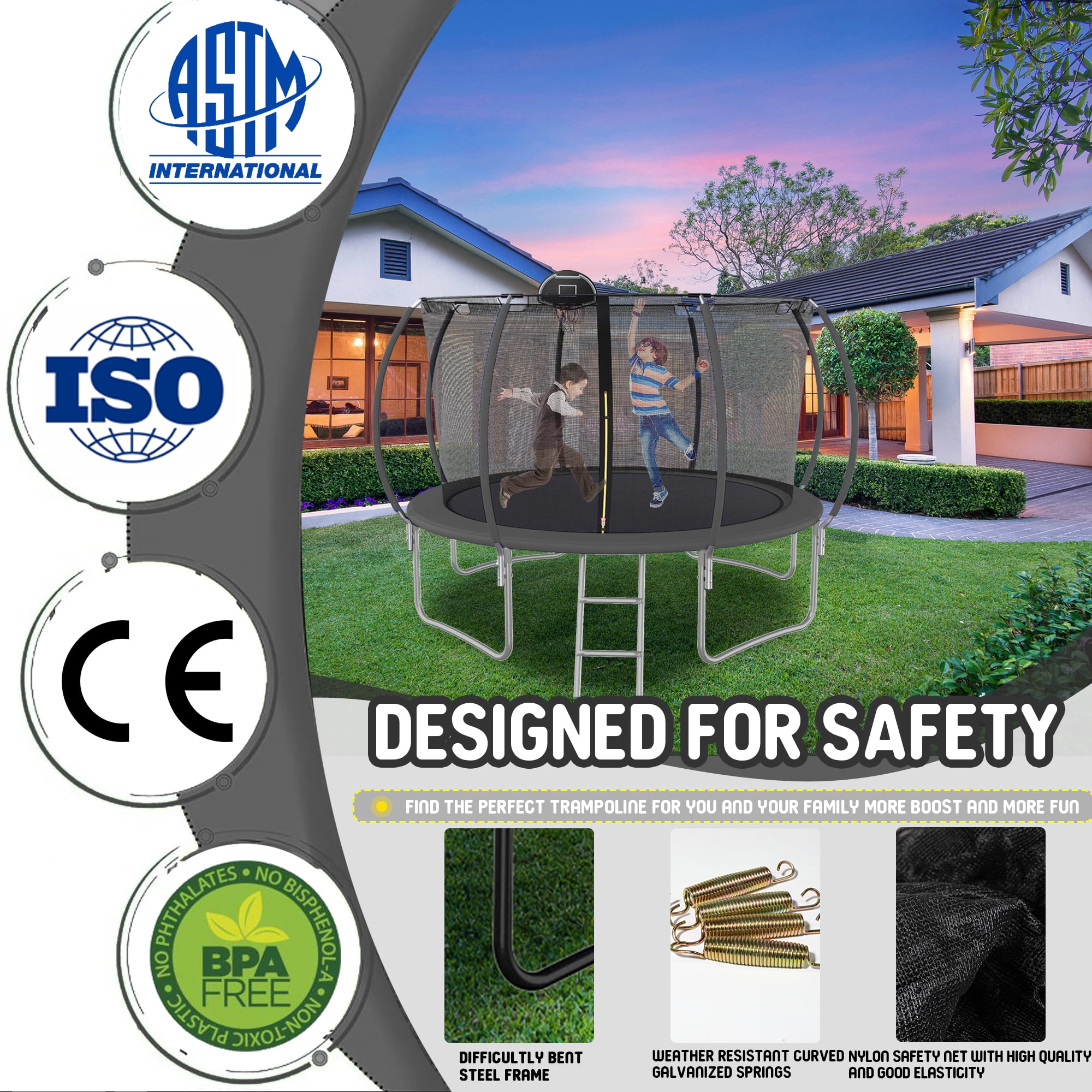 Shengchao Trade 12ft Recreational Trampoline with Safety Enclosure, Basketball Hoop, and Ladder (Black, 1000 lb) ojoir
