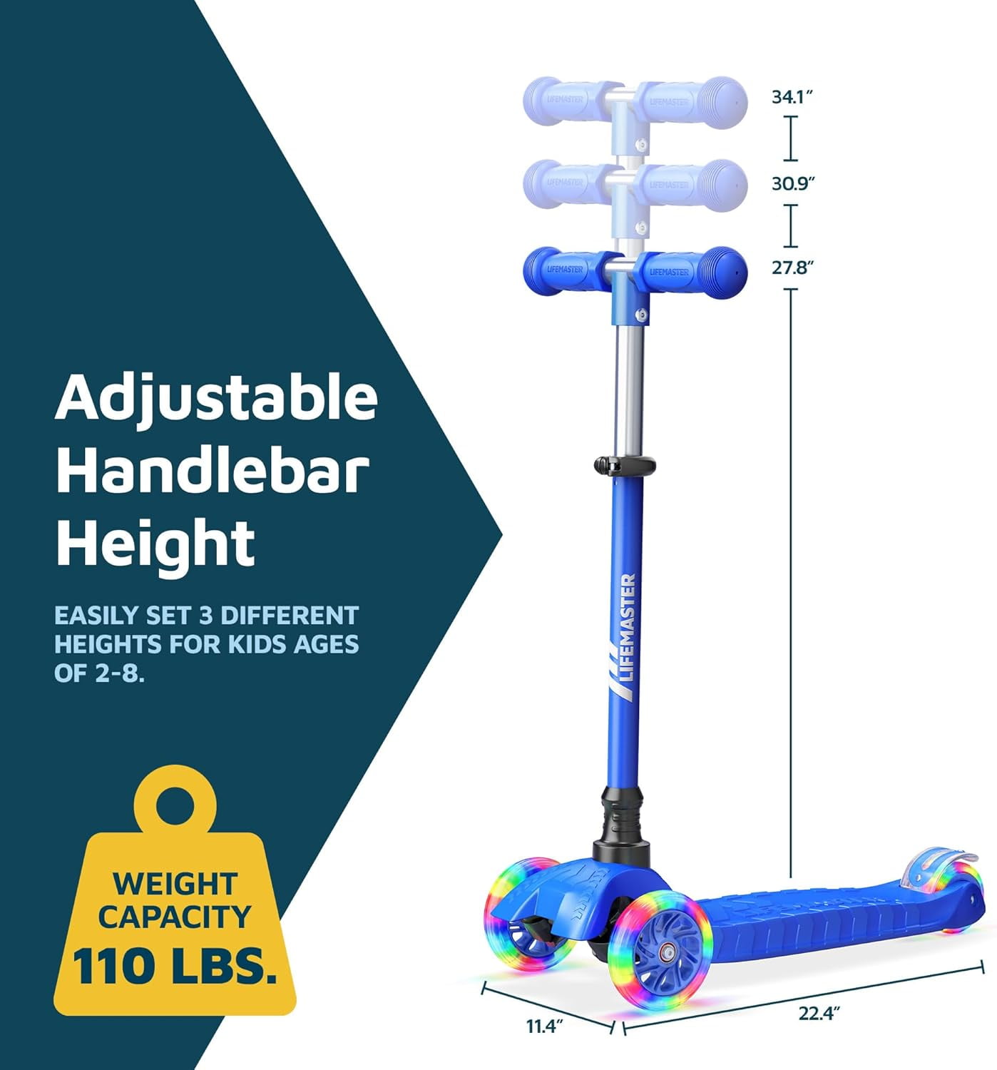 Lifemaster 3-Wheel Kids Scooter with LED Light-Up Wheels, Adjustable Handlebar, Anti-Slip Deck (Blue, 110 lb Capacity) pgctx