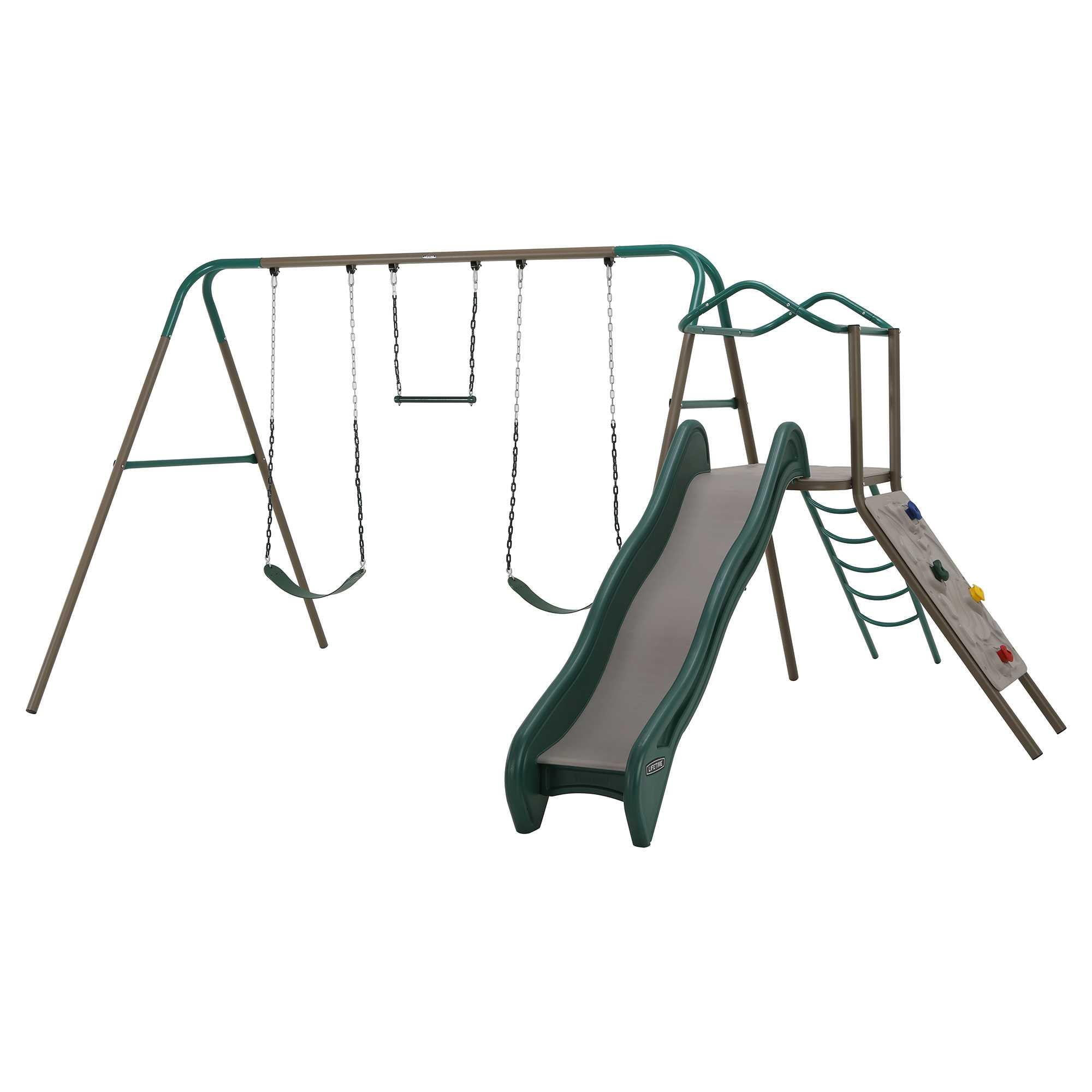 Lifetime Outdoor Adventure Swing Set with Slide, Climbing Wall, and Trapeze Bar (Green, 1 Set) twtmy