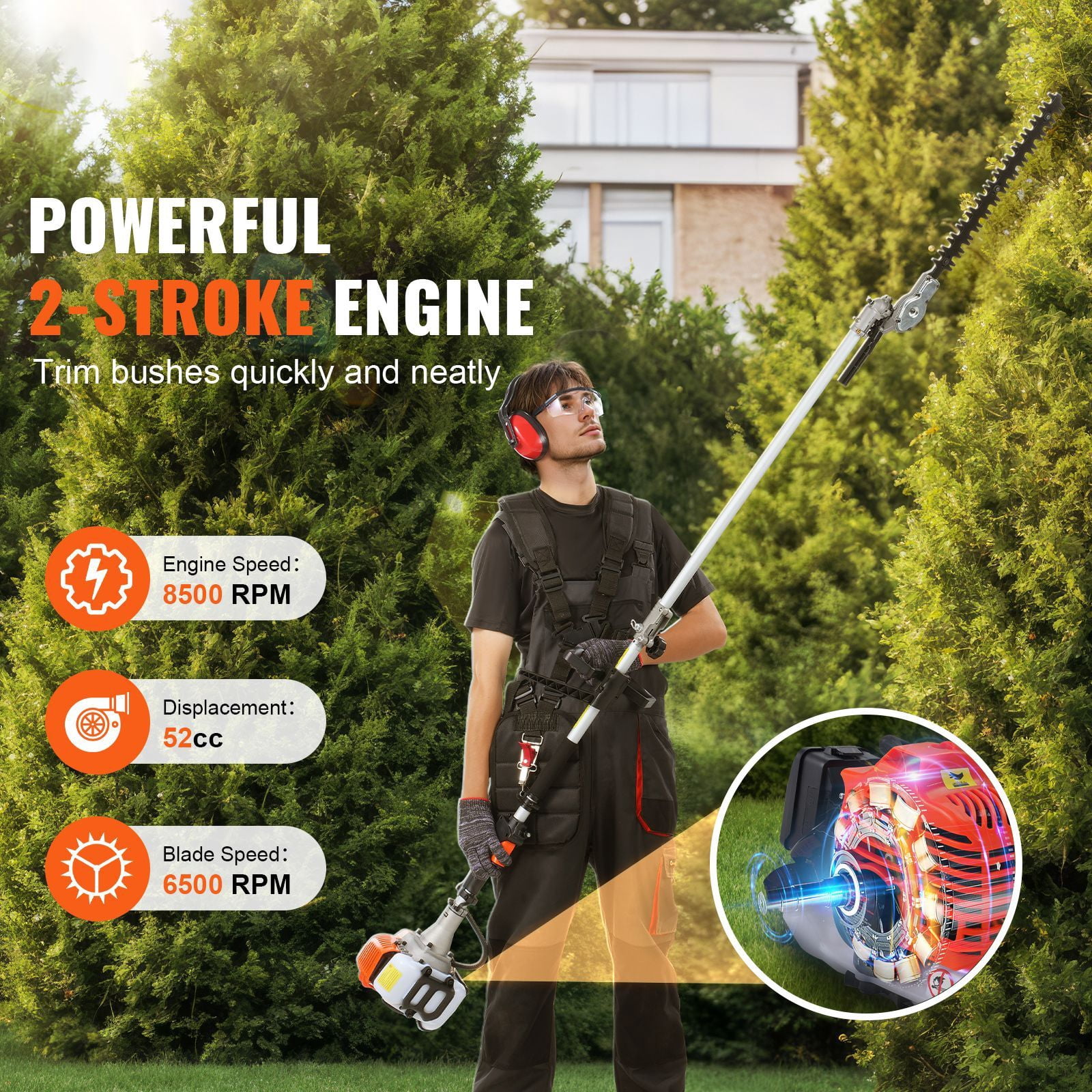 Shenmamo 52CC 6-in-1 Gas Powered Multi-Functional Garden Tool Set with Extension Pole (44.9 in) wlp5k