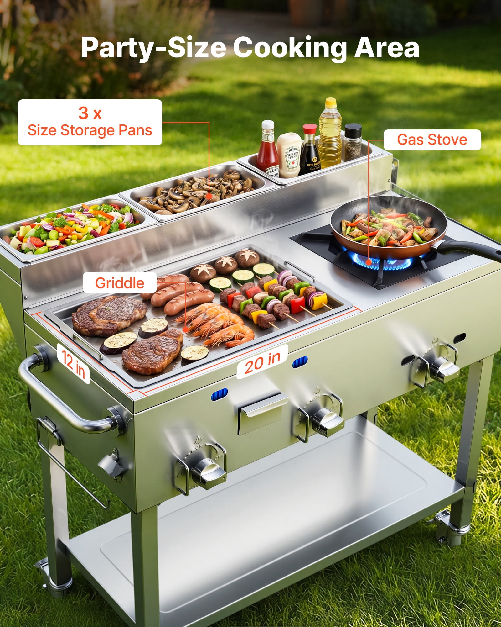 VEVOR Outdoor Propane Griddle, 3-Burner Commercial Stainless Steel Cooking Cart with Wheels and 3 Food Pans 2kqvv