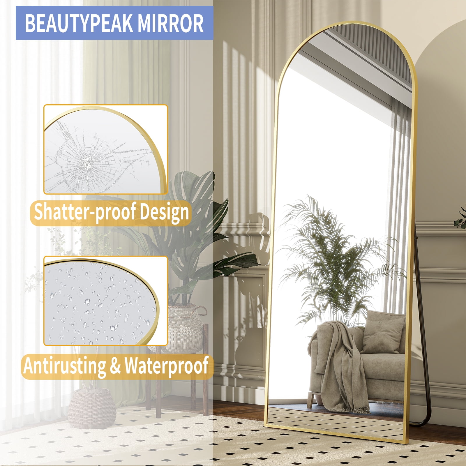 BEAUTYPEAK Arched Full Length Floor Mirror, Shatter-Proof Standing Body Mirror (Gold, 64 in x 21 in) jdpth