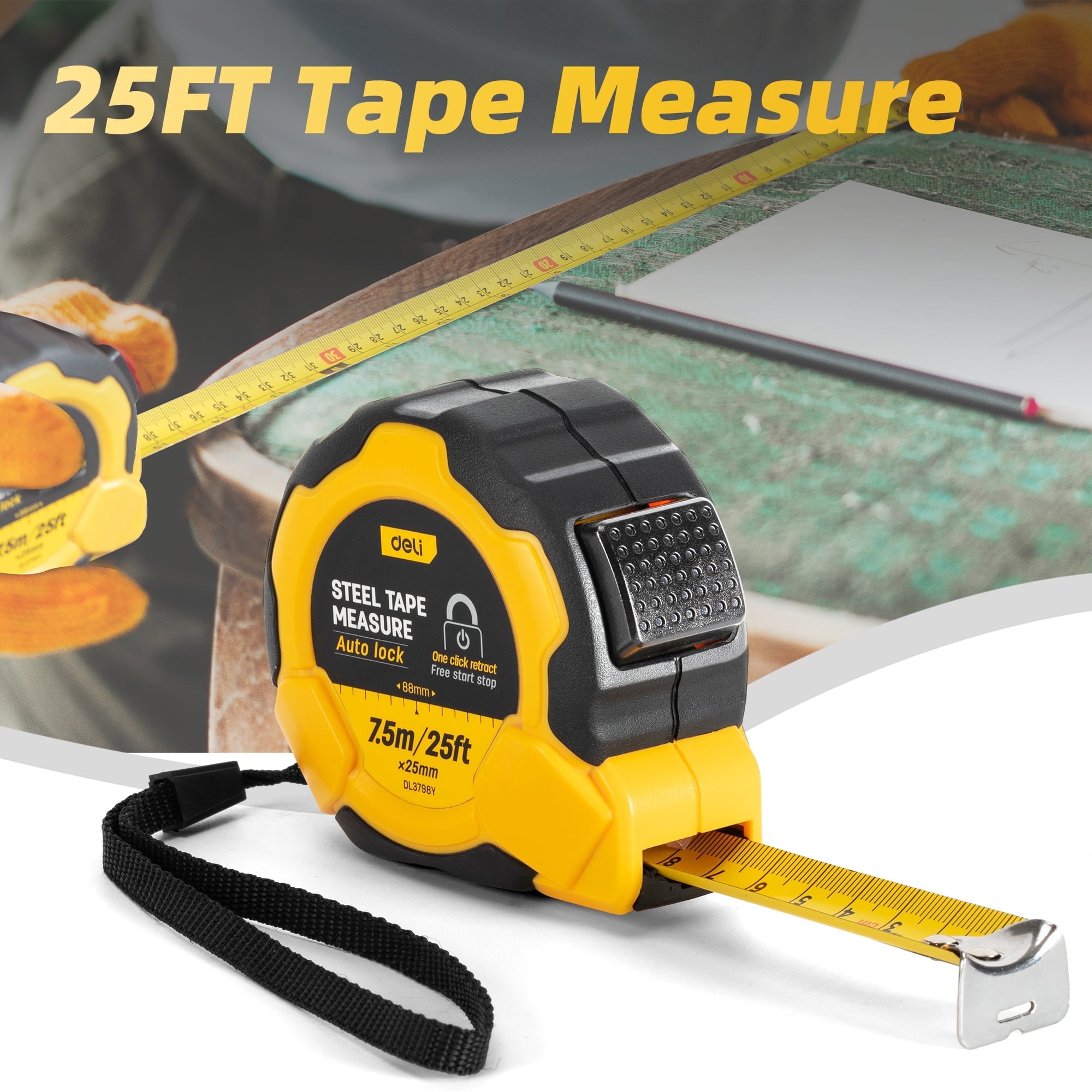 Deli Auto-Lock Steel Tape Measure, Heavy-Duty Retractable Measuring Tool with Rubberized Grip (Yellow, 25 ft) yani5