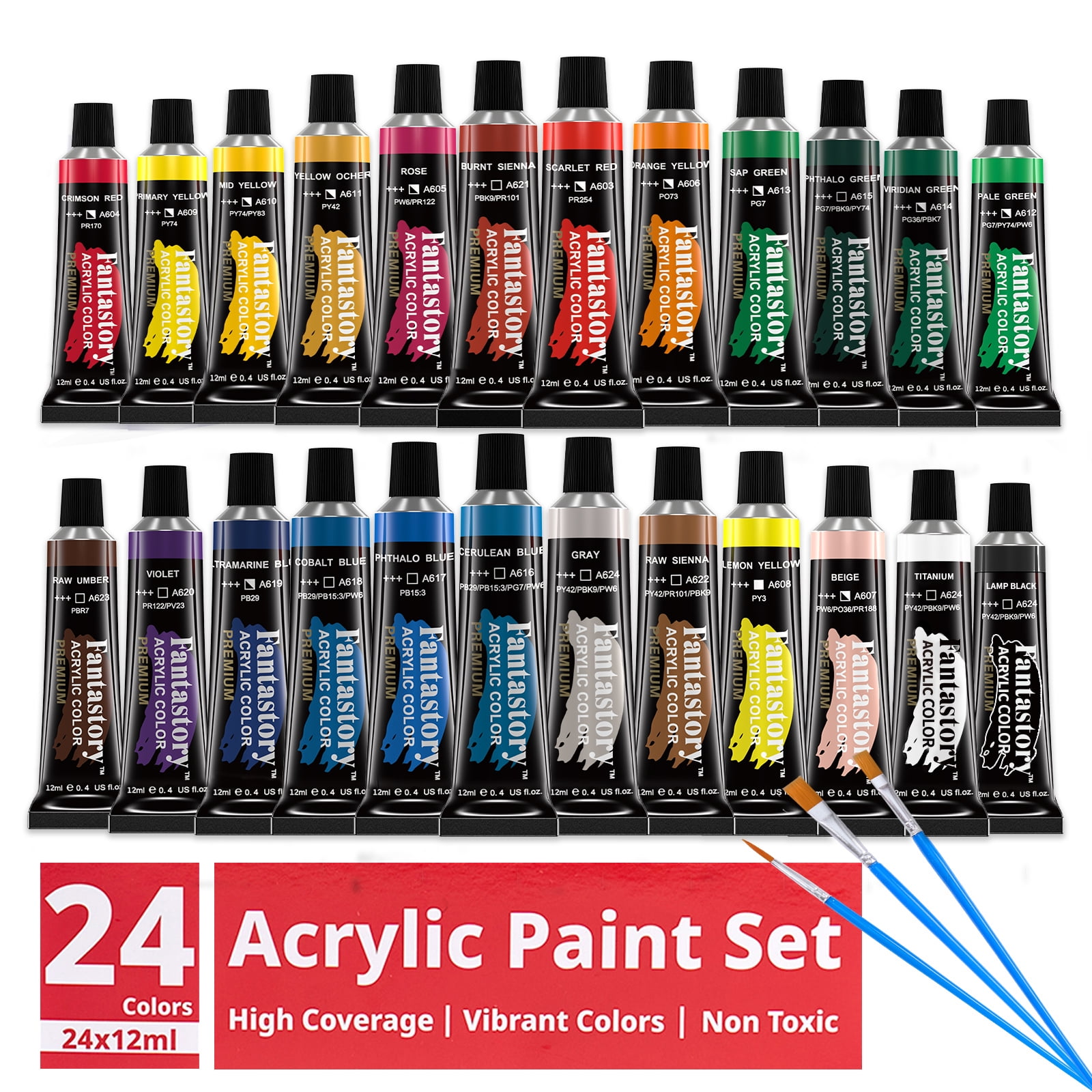 Fantastory Acrylic Paint Set, Professional Craft Art Supplies with 3 Brushes (24 Colors, 0.41 fl oz) e5r79