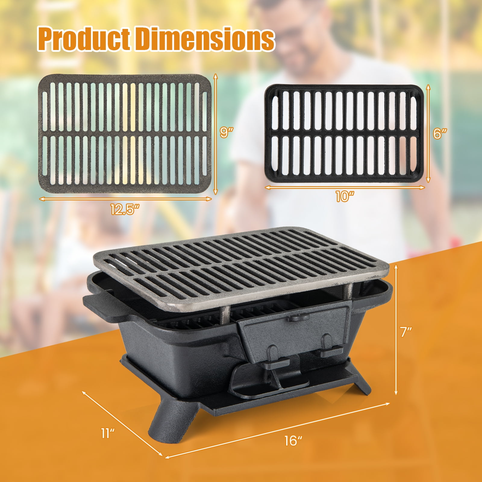 Topbuy Portable Heavy Duty Cast Iron Charcoal Grill Tabletop BBQ Stove (Black, 17 in x 10 in) zig26