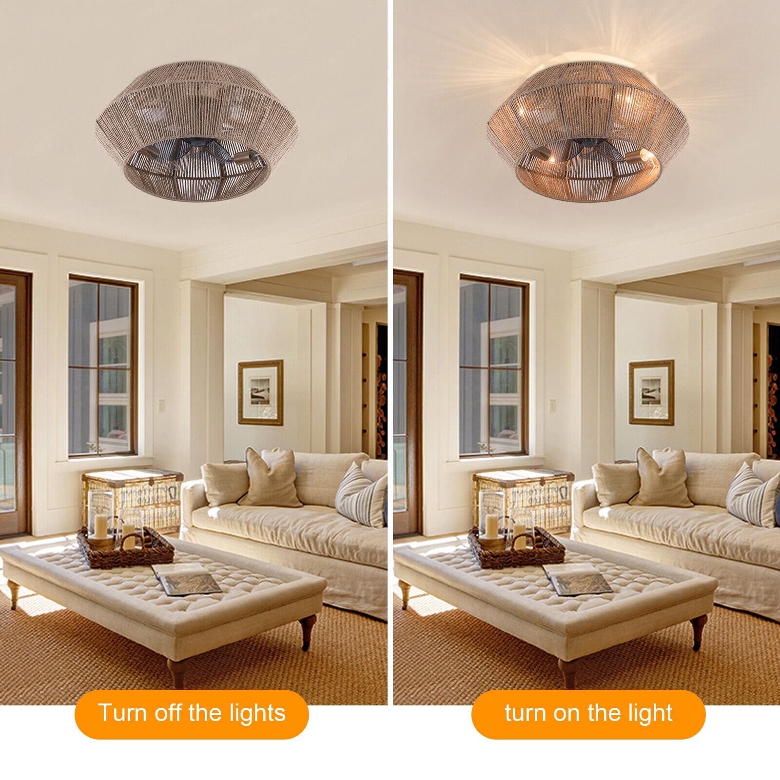Miumaeov Boho Rattan Caged Ceiling Fan with Light and Remote Control (6 Speeds, 7.08 in Base) mrl8w