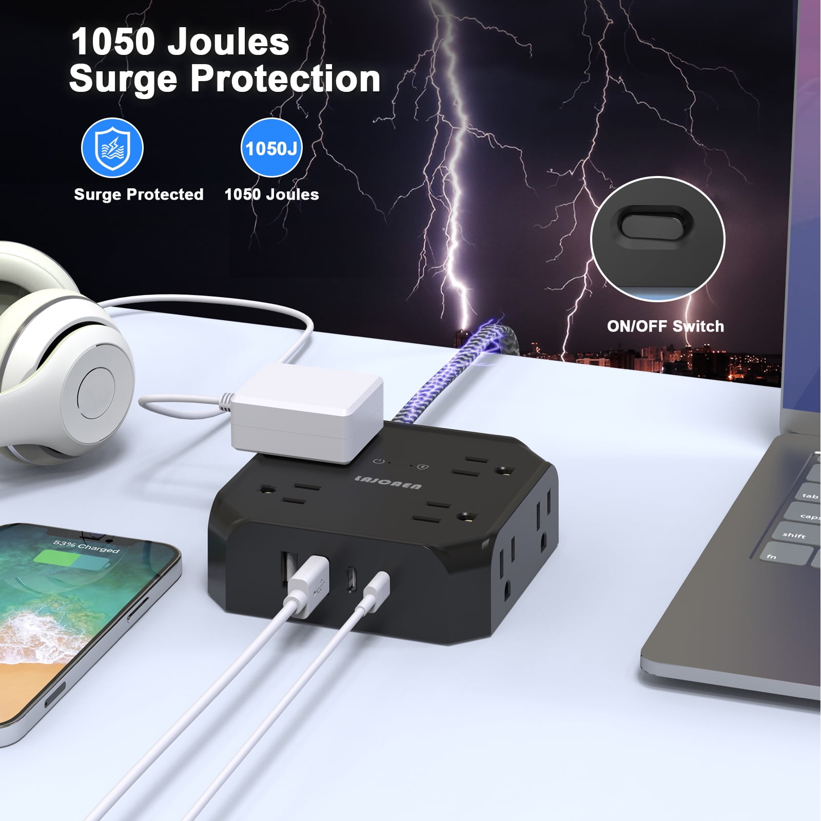 LAJCAEN Power Strip Surge Protector, 12-in-1 Extension Cord with 8 Outlets and 4 USB Ports (Black, 5 ft) 2pja8