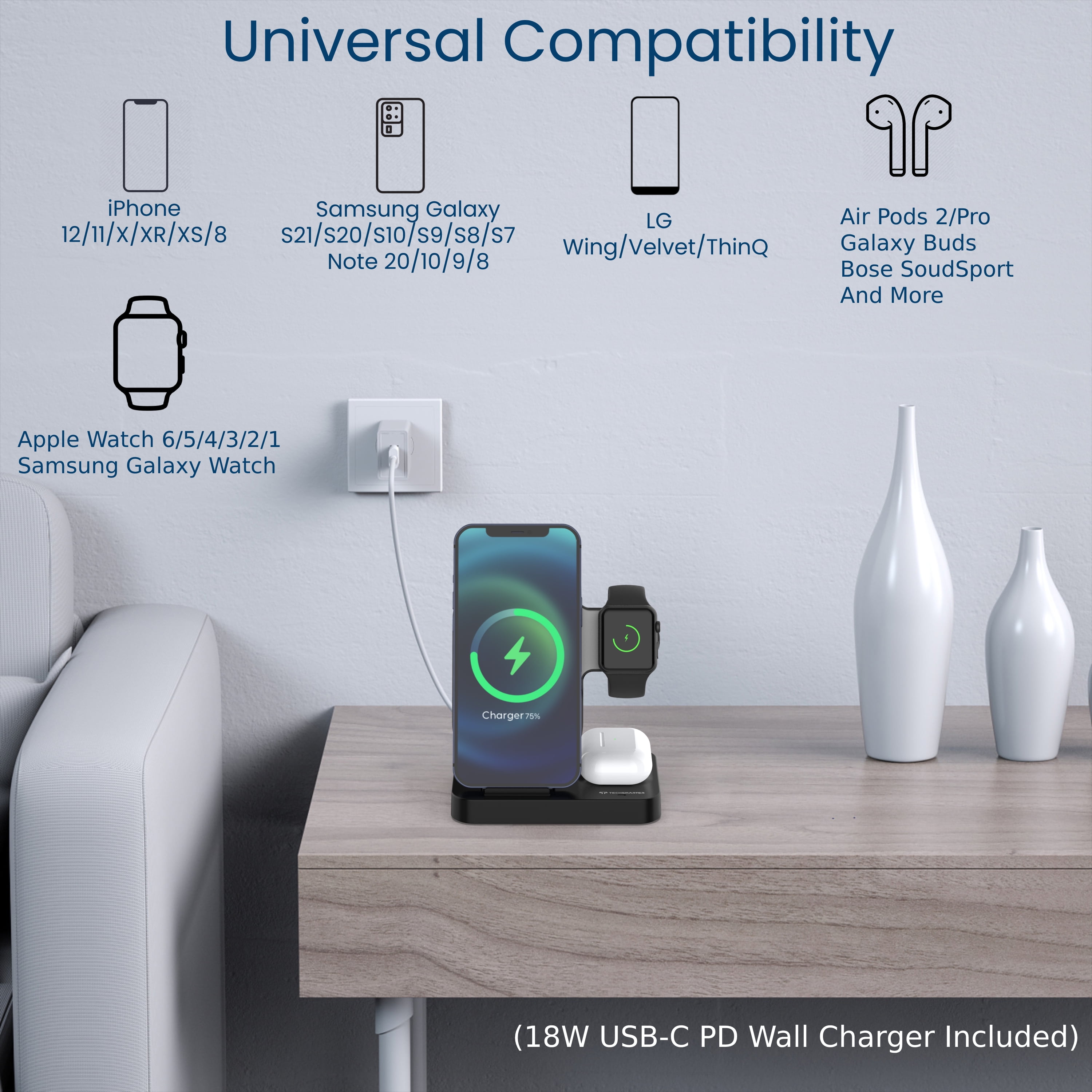 Techsmarter 3-in-1 Fast Qi Wireless Charging Station Dock for iPhone AirPods and Apple Watch (Black, 1 Pack) onquo