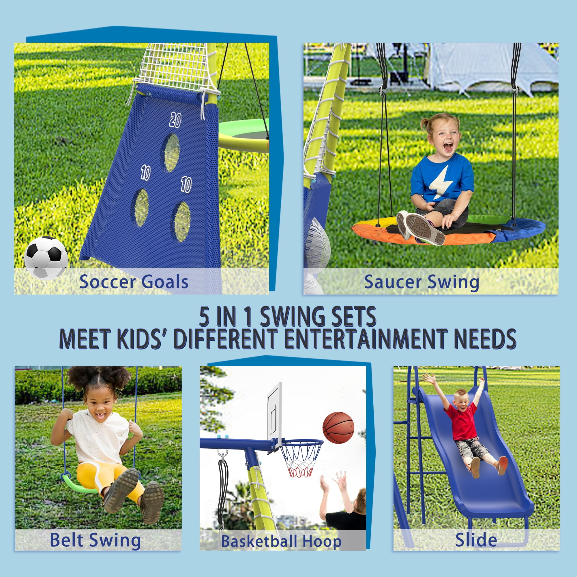 Shengchao Trade Metal Kids Swing Set, Heavy-Duty Outdoor A-Frame Playground with 2 Swings, Saucer Swing, and Sports Hoop (Blue, 75 in H x 67.7 in L x 136 in W) 4jmwx