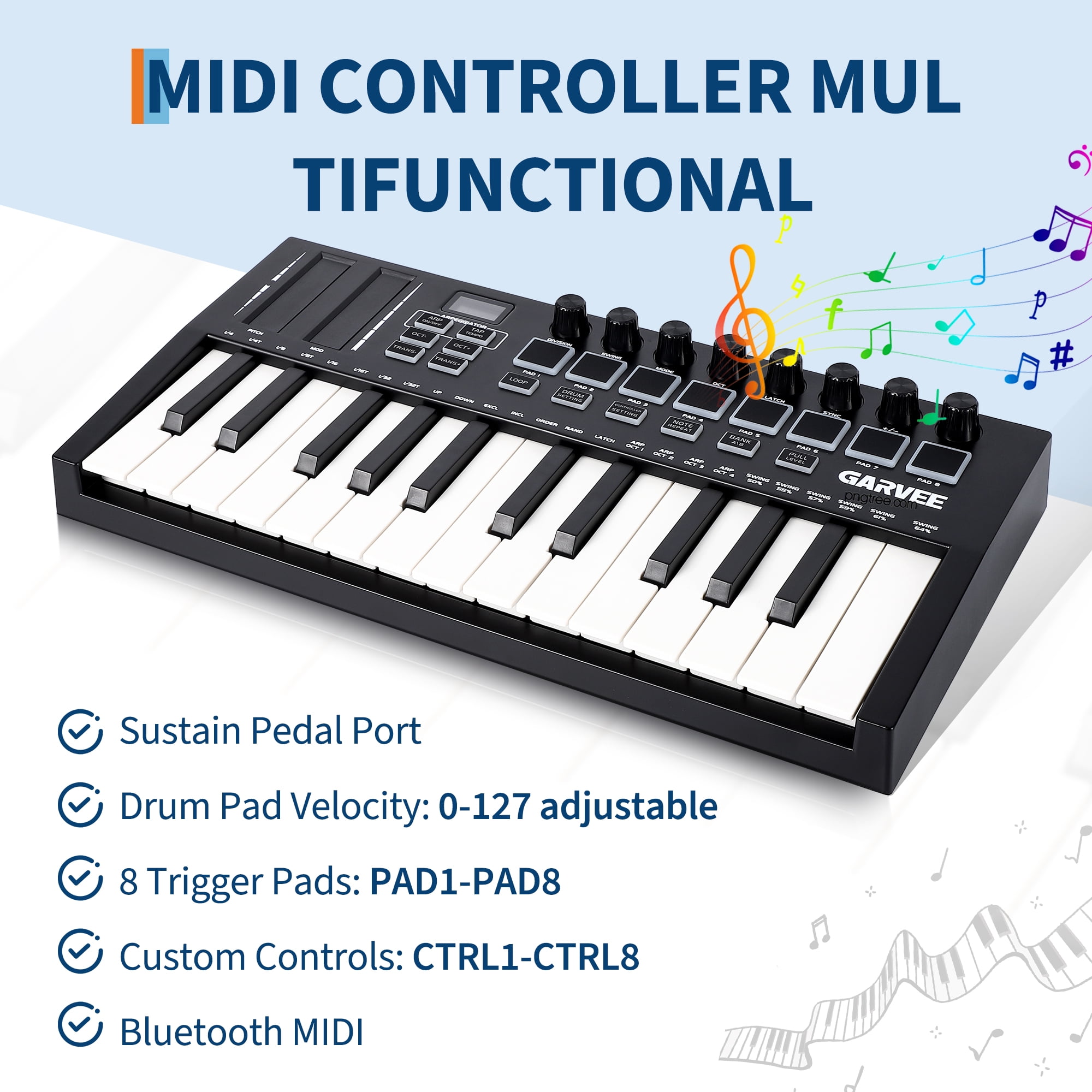 Peparins 25-Key MIDI Keyboard Controller, Compact USB DAW Integrated Music Production Keyboard with 8 Drum Pads and OLED Display (Black, 25-Key) 9pea8