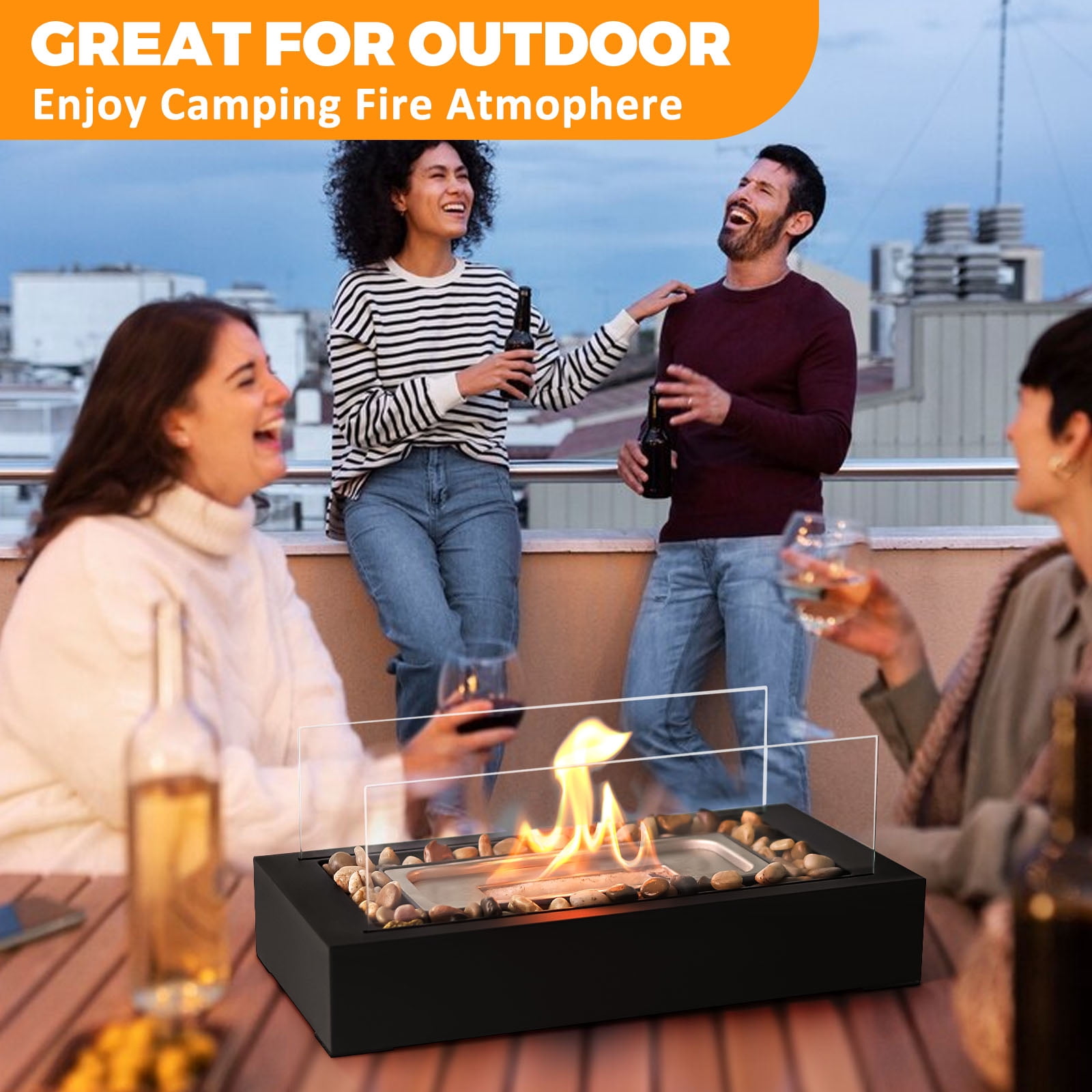 EAST FLAME Rectangular Tabletop Fire Pit with 2 Sided Tempered Glass, Portable Indoor Outdoor Fireplace (Beige, 13.8 in x 7.1 in x 8.3 in) 5wmgm
