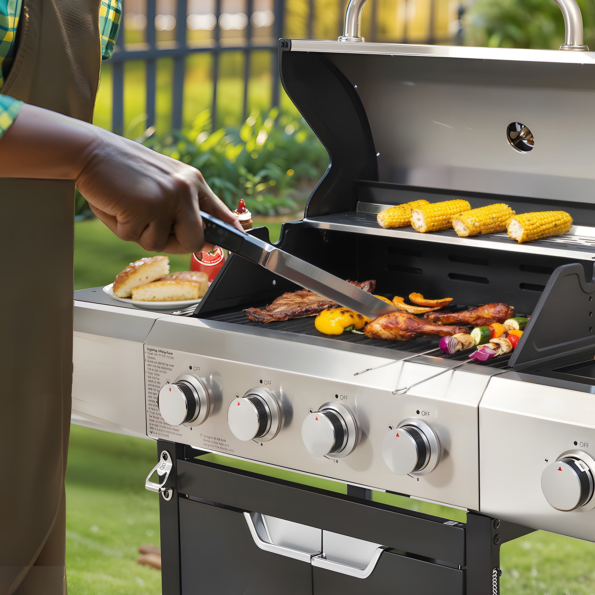 Aminy 4-Burner Propane Gas Grill with Side Burner, Stainless Steel Outdoor BBQ Grill with Lid and Wheels (Silver, 46790 BTU) 15j24