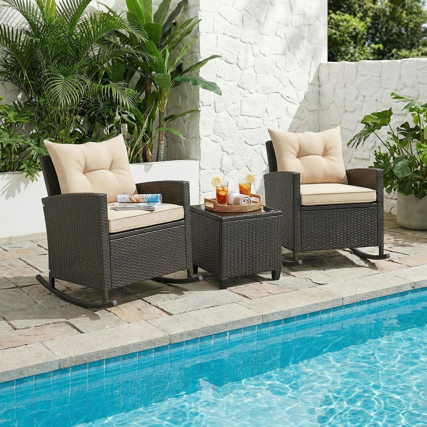 Barara King 3-Piece Outdoor Patio Rattan Rocking Chair Set with Tempered Glass Table and Cushions (Beige, 31.5 in x 26 in x 31.5 in) msh7w