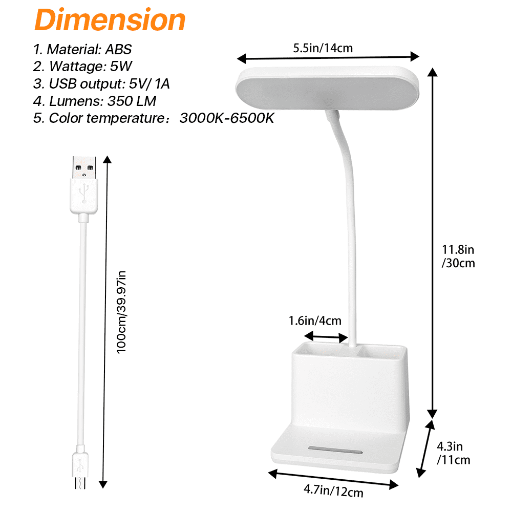 SUPTREE LED Desk Lamp with Pen and Phone Holder, Dimmable Eye-Protection Table Light with USB Port (White, 1 Unit) aeu7p