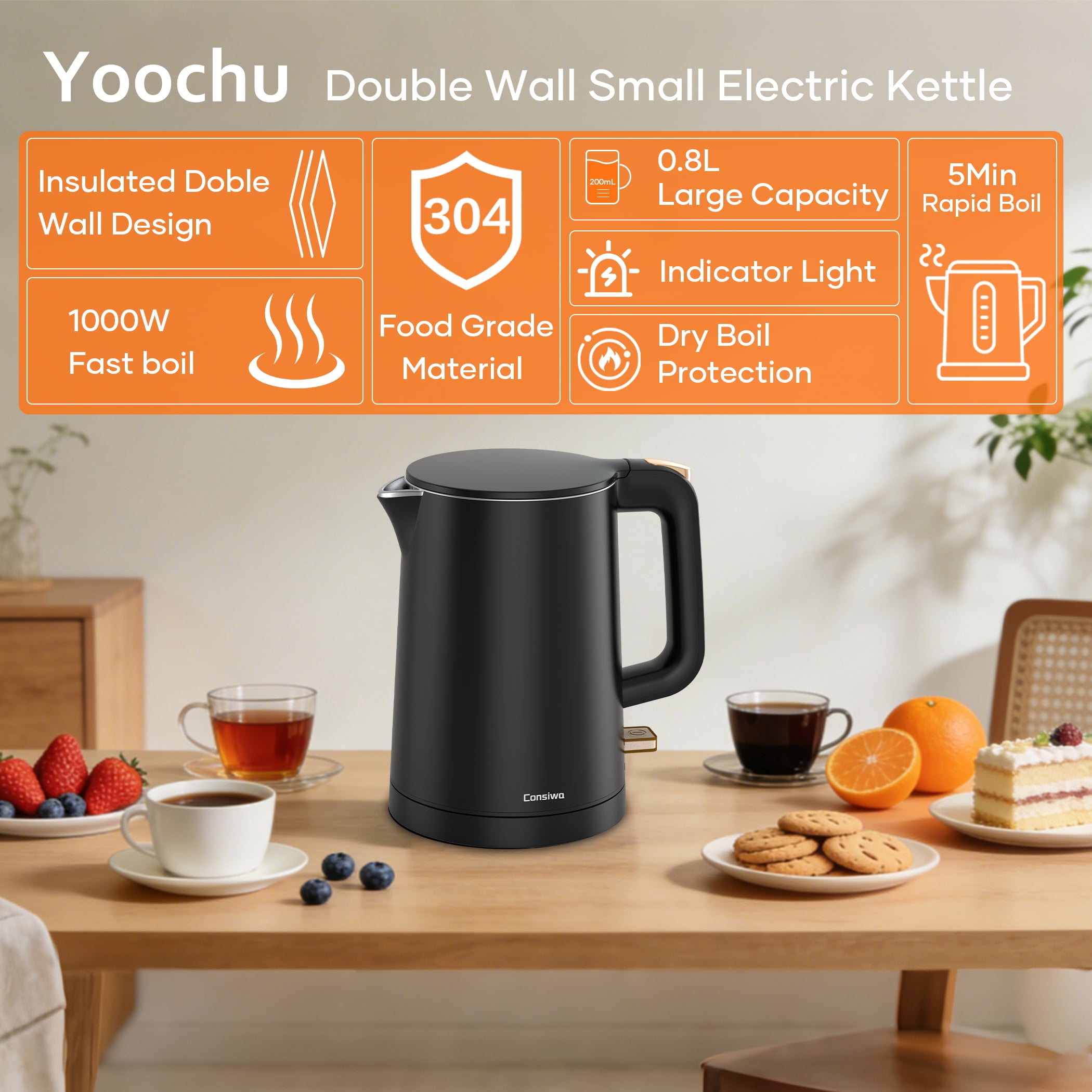 Consiwa Electric Kettle, Double Wall Stainless Steel Water Boiler, Quick Boil Mini Tea Pot with Auto Shut Off (Black, 27 fl oz) vw2d3