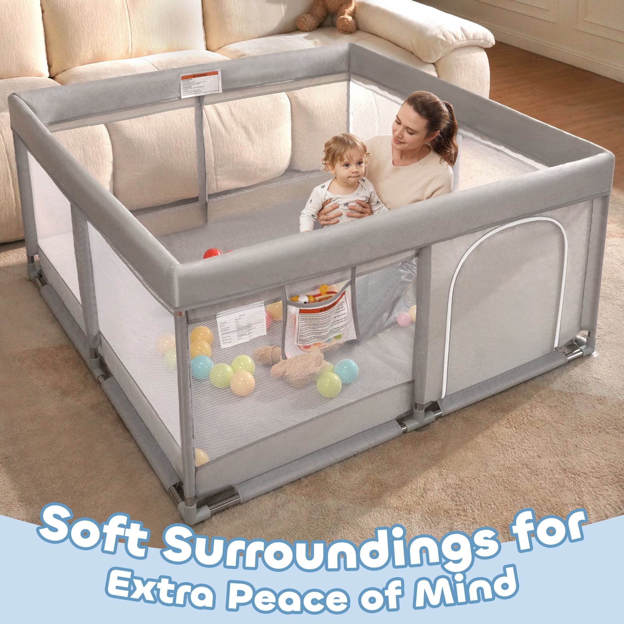 Babyeap Baby Playpen Large Safety Play Yard for Toddlers (Gray, 50 in x 50 in x 27 in) c4wje