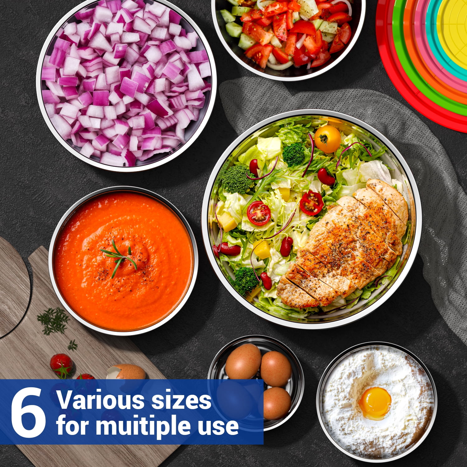 TINANA Stainless Steel Mixing Bowls with Lids, Nesting Kitchen Prep Bowls Set (Multicolor, 6 Pack, 0.75 to 4.5 qt) jzt5v